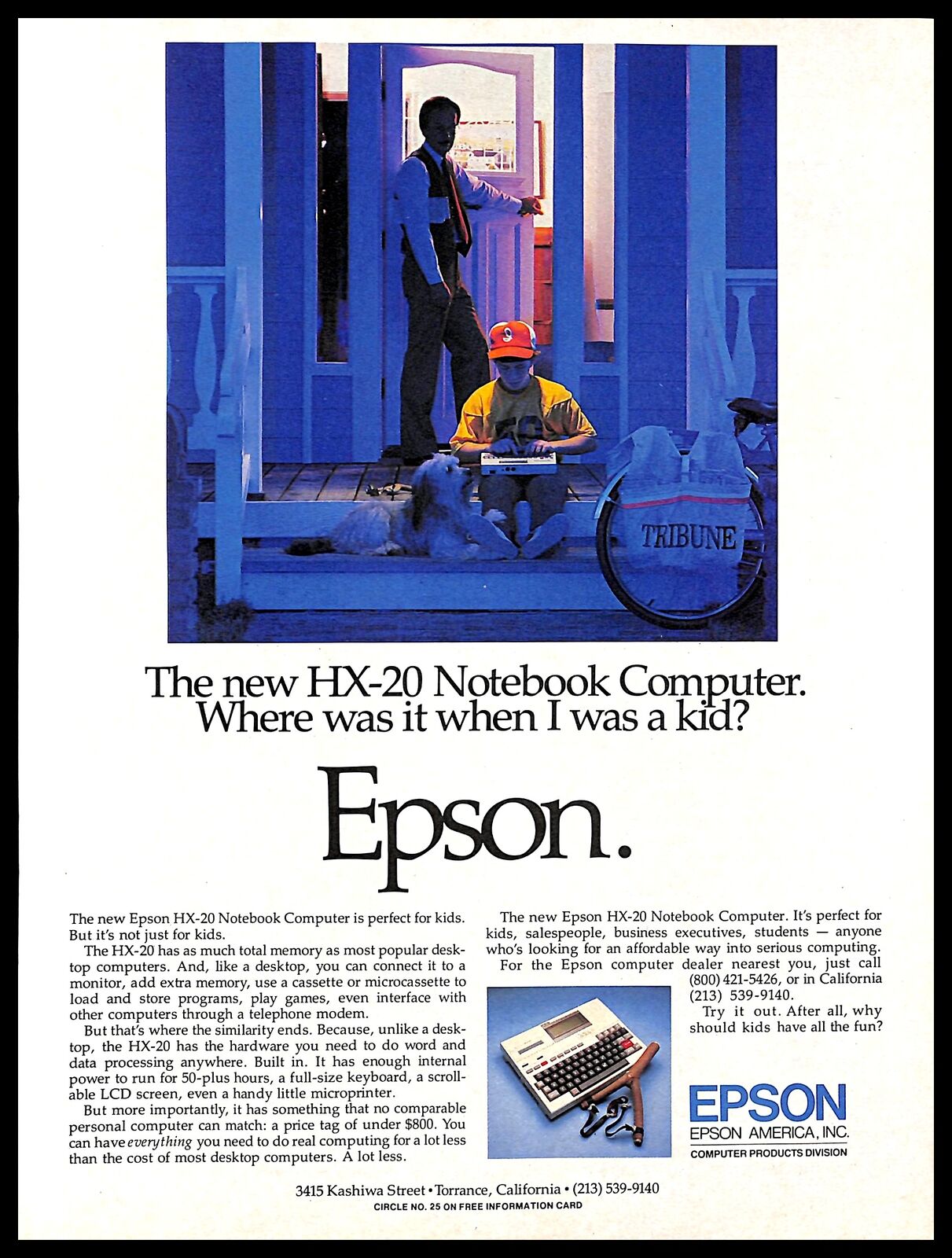 1983 Epson HX-20 Notebook Computer Vintage PRINT AD Tech Kids Boy Front Porch 