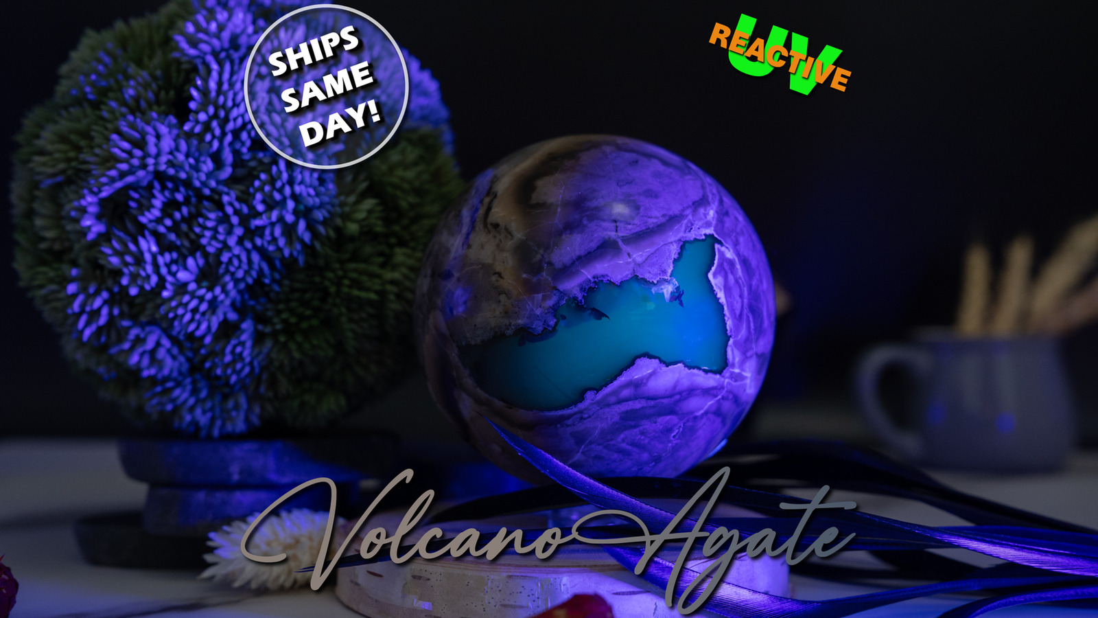 Natural Volcano Agate Crystal Sphere UV Reactive Green Glow Gemstone Ball Decor