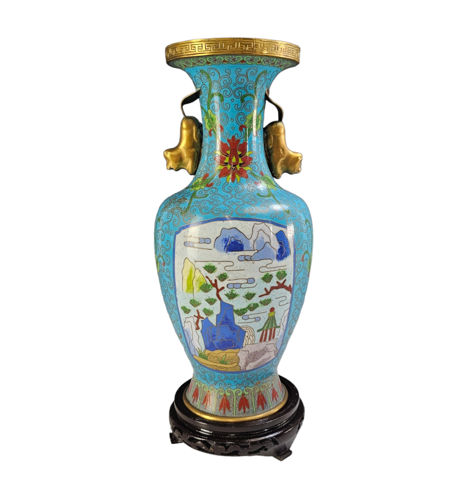 Antique Turquoise Cloisonné Vase Floral Brass Enamel w/ Stand Qing Dynasty