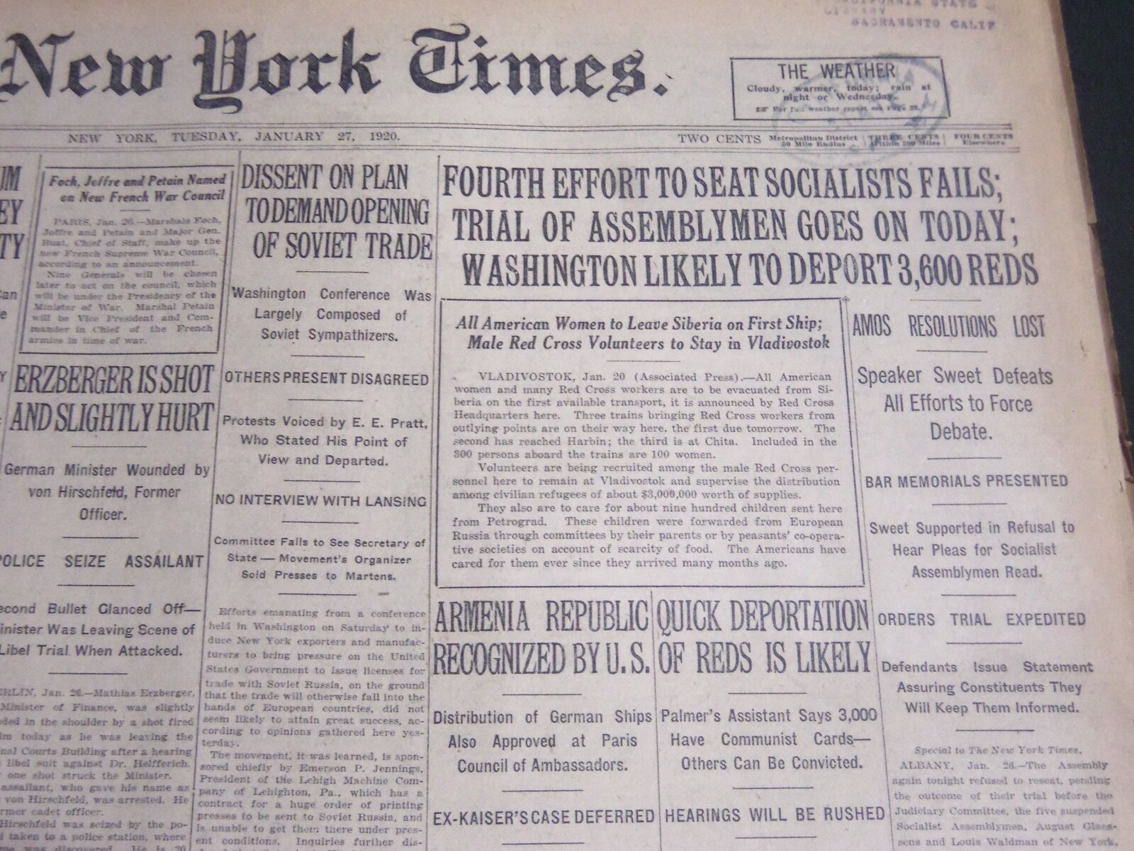 1920 JANUARY 27 NEW YORK TIMES - WASHINGTON LIKELY TO REPORT 3,600 REDS- NT 6765