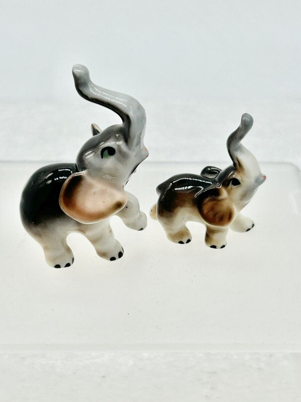 Pair Elephant Miniature Figurines Vintage Japan Bone China Shiken Trunk Up