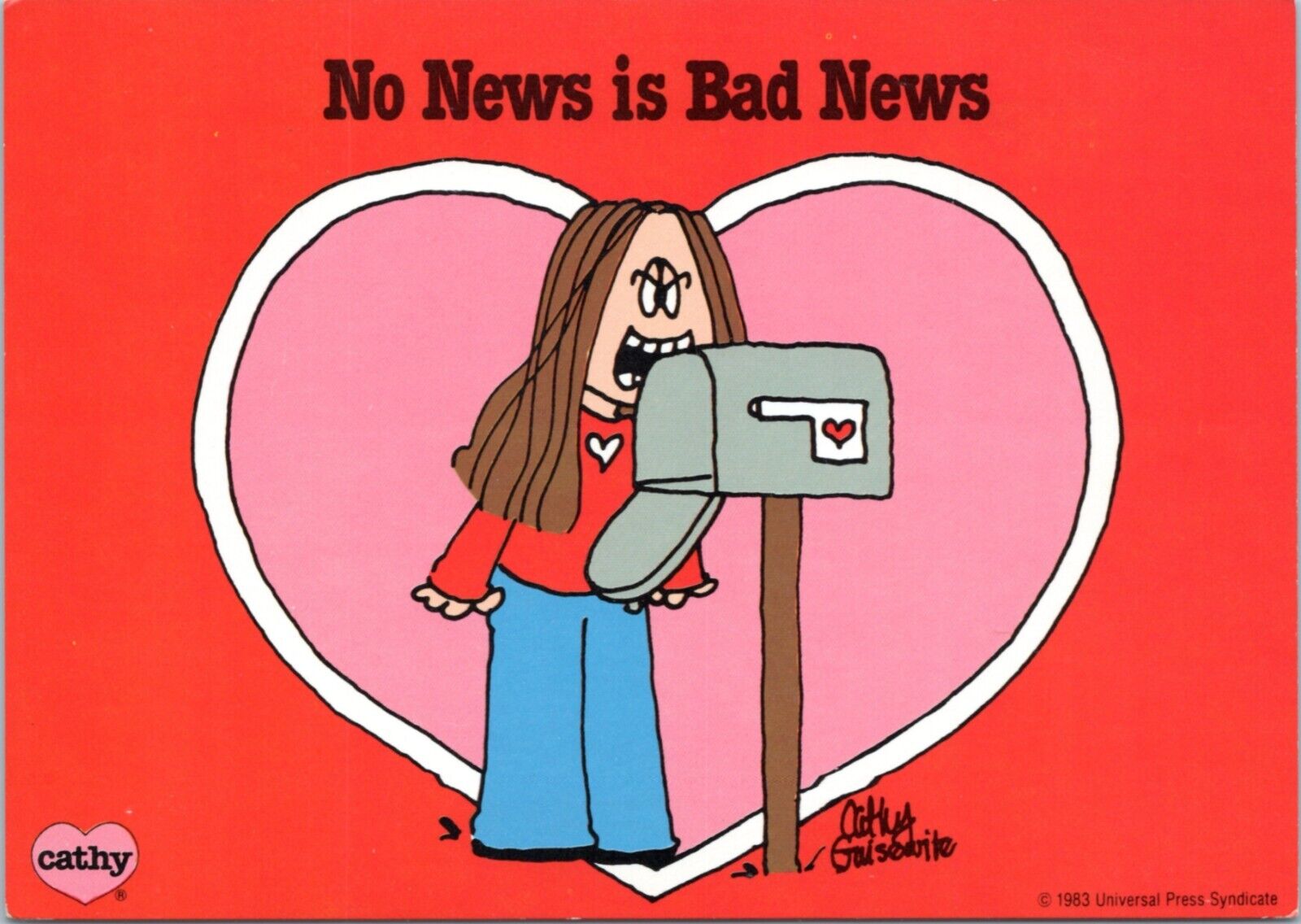 Postcard comic Cathy - No News is Bad News - Cathy biting mailbox