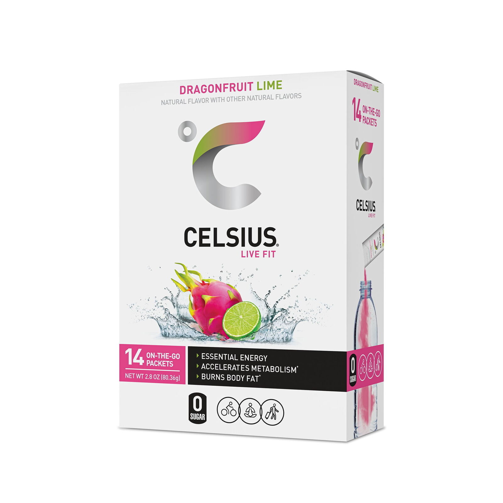 CELSIUS on-the-go Essential Energy Drink Mix, Dragonfruit Lime (14 Stick Pack)..