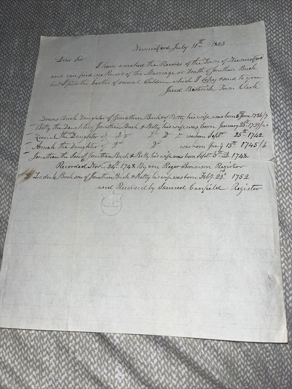 1853 New Milford CT Town Clerk Letter on Genealogy: Jonathan Buck Family Records