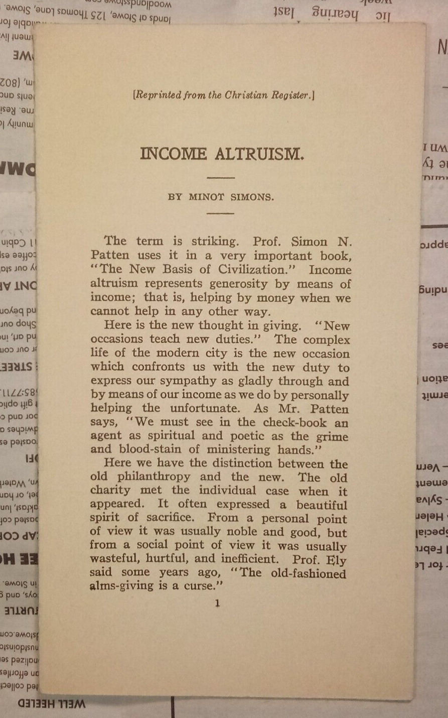 UNITARIAN - Income Altruism Minot Simons - Reprinted from the Christian Register
