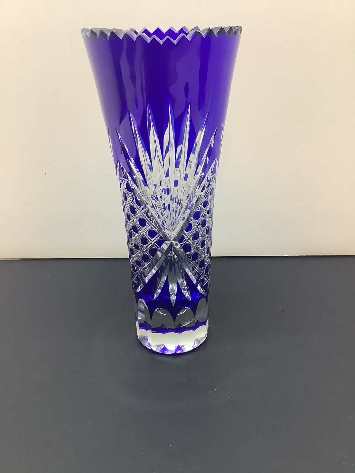 Vtg High Quality Cobalt Blue Cut To Clear Bohemian Lead Crystal Vase 8” EUC