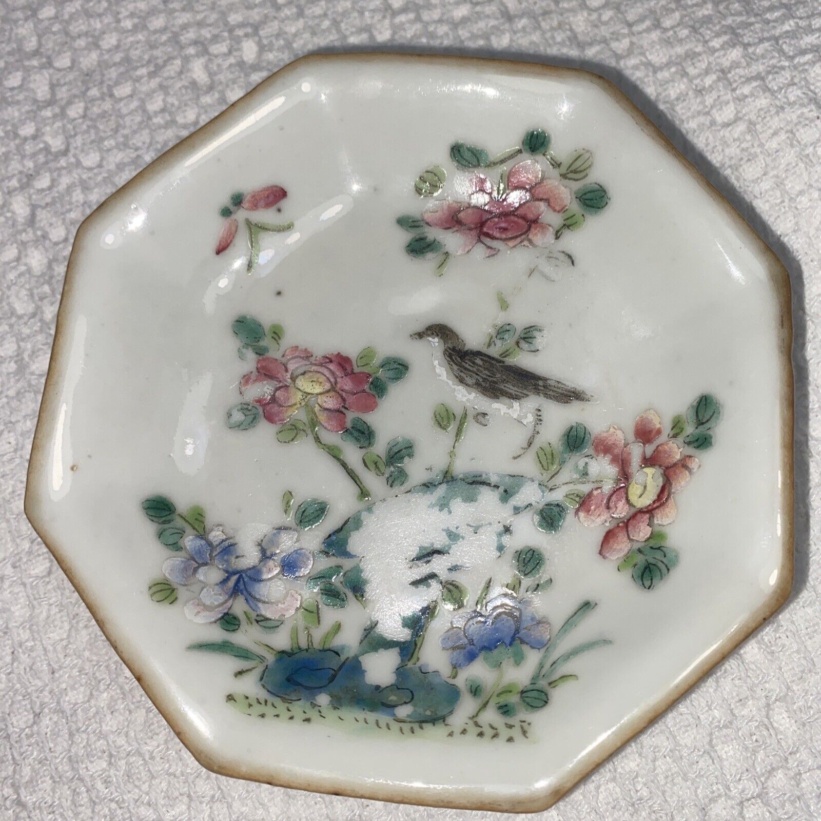 Antique Chinese  Period Pedestal Footed Dish Bowl 5” Bird And Floral Octagonal