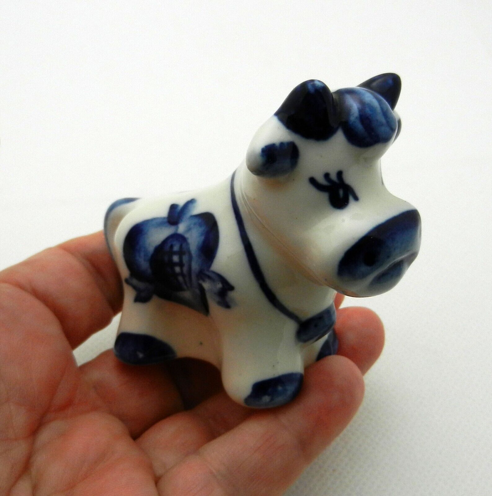 Vintage Miniature Cow Figurine Blue & White Style CUTE