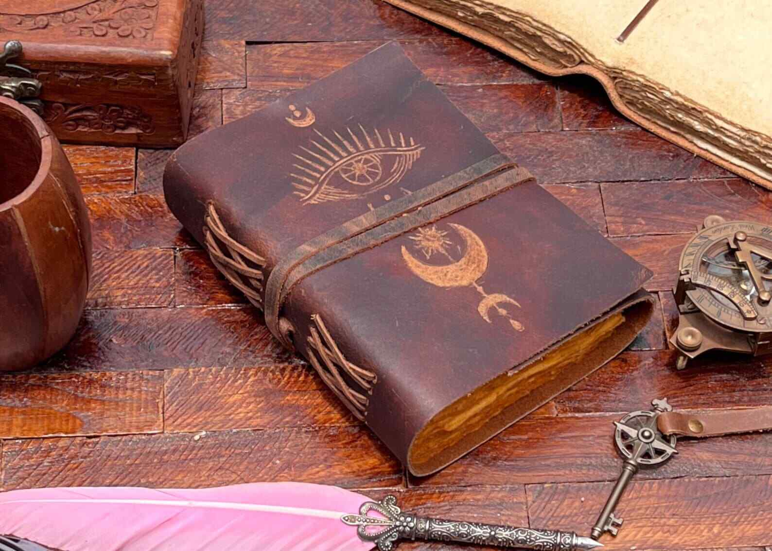 Handmade Embossed Eye & Moon Vintage Leather Journal Diary For Unisex Adult