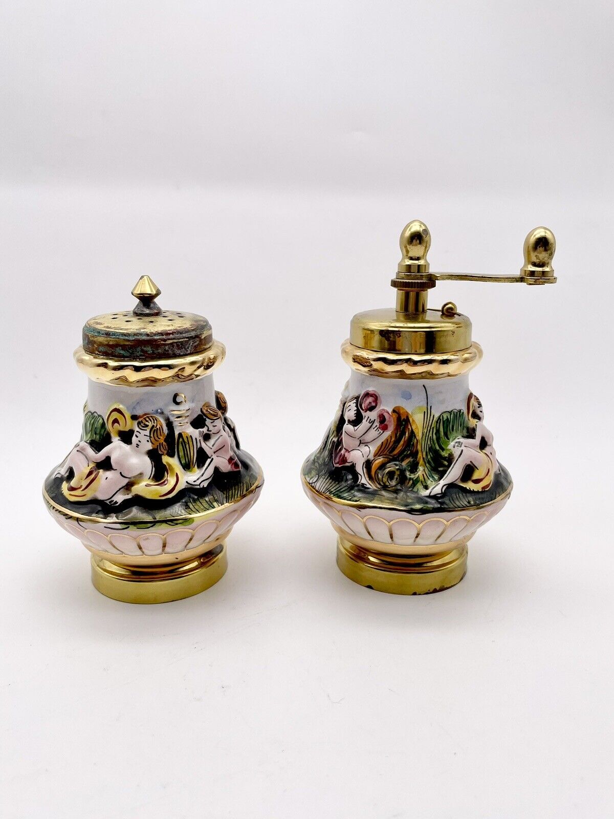 Vintage Capodimonte Italy Porcelain & Brass Salt & Pepper Shakers Cherubs