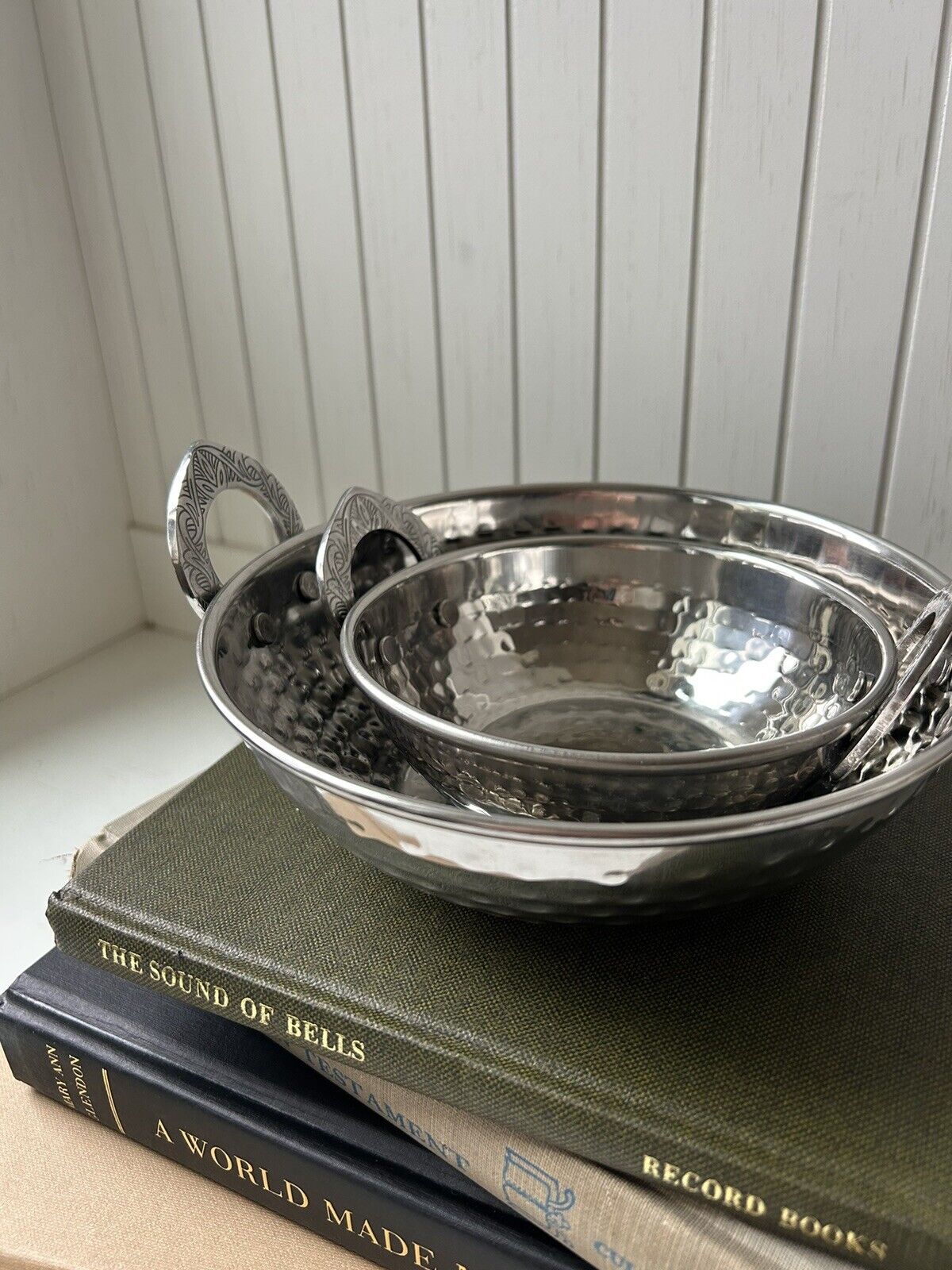 Set Of 2 Vintage Hammered Aluminum Pedestal Bowl with Ornate Handles