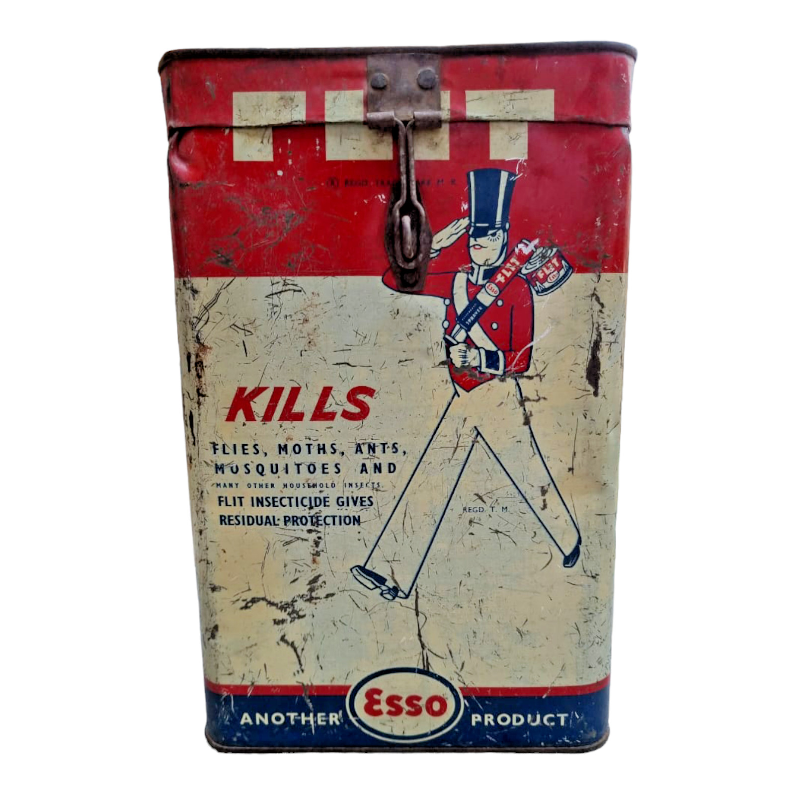 Original Vintage Old Antique Rare Esso Flit Oil Big Fine Litho. Tin Box Gallon