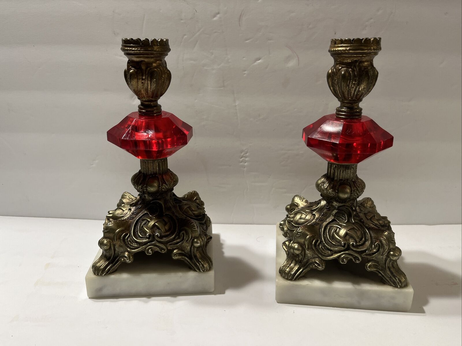 NOVELTY CRYSTAL CORP Pair Candle Holders Marble Brass RED Crystals Vintage