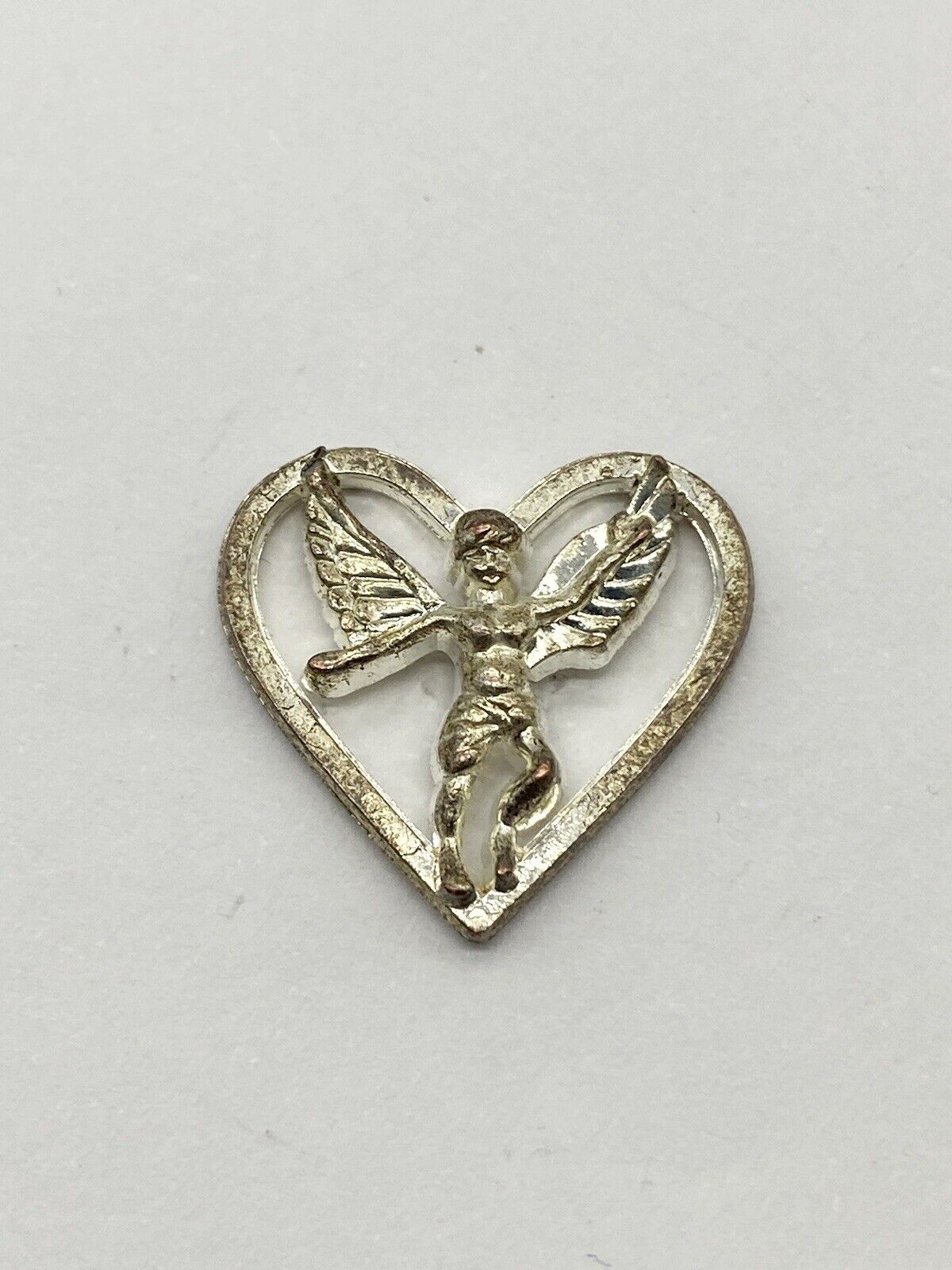 Vintage Silver Colored Angel Surrounded By Heart Lapel Pin