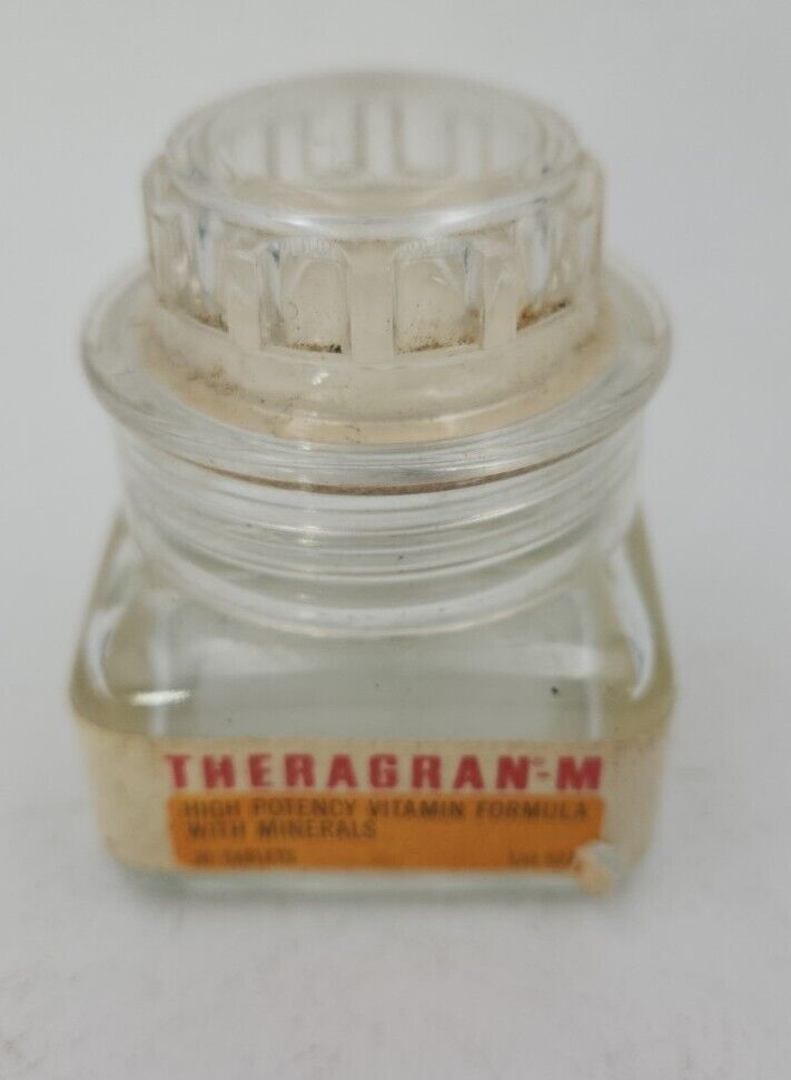 Theragran -M High Potency Vitamin Formula Glass Bottle Plastic Lid Squibb Empty