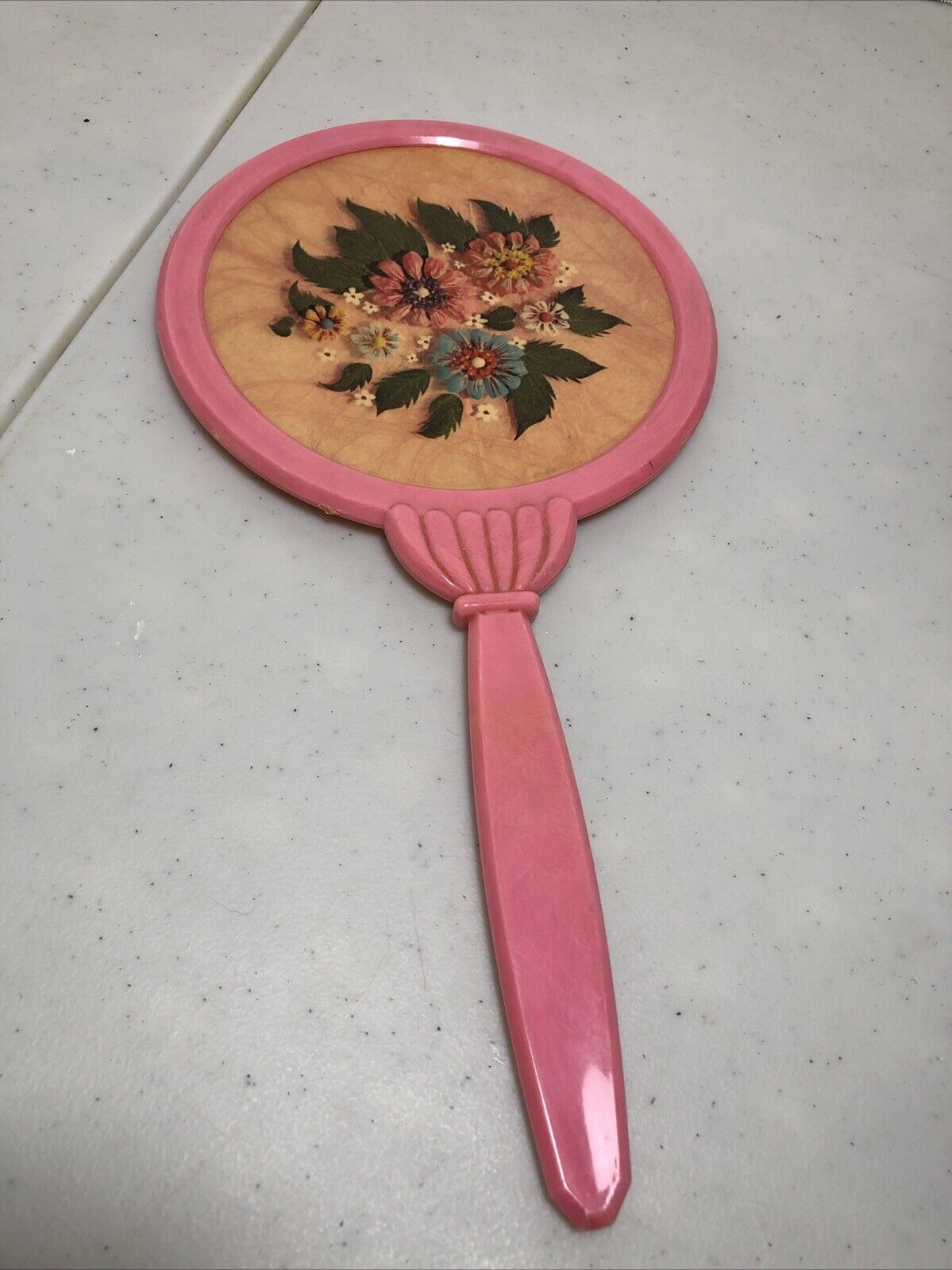 1960’s-70’s Vintage Celluloid Pink Hand Held Vanity Mirror with Flowers