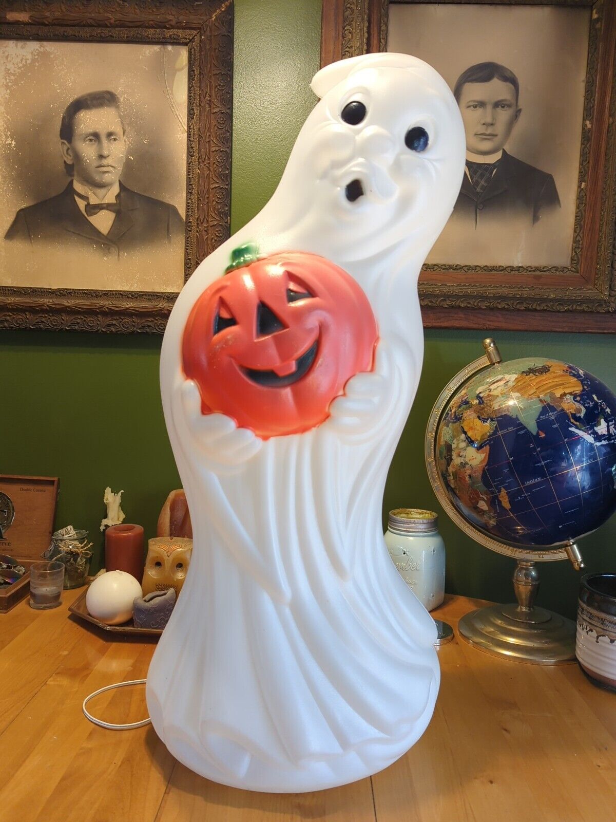 Vintage General Foam Halloween Blow Mold Ghost Holding A Pumpkin￼