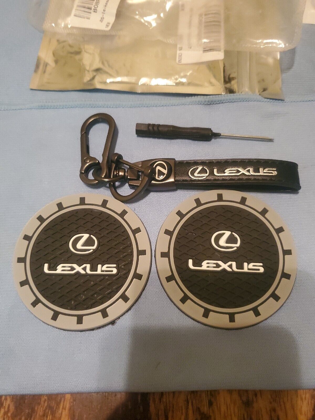 Lexus Genuine Leather Car Keychain & 2 Anti-Slip Coasters For Cup Holders