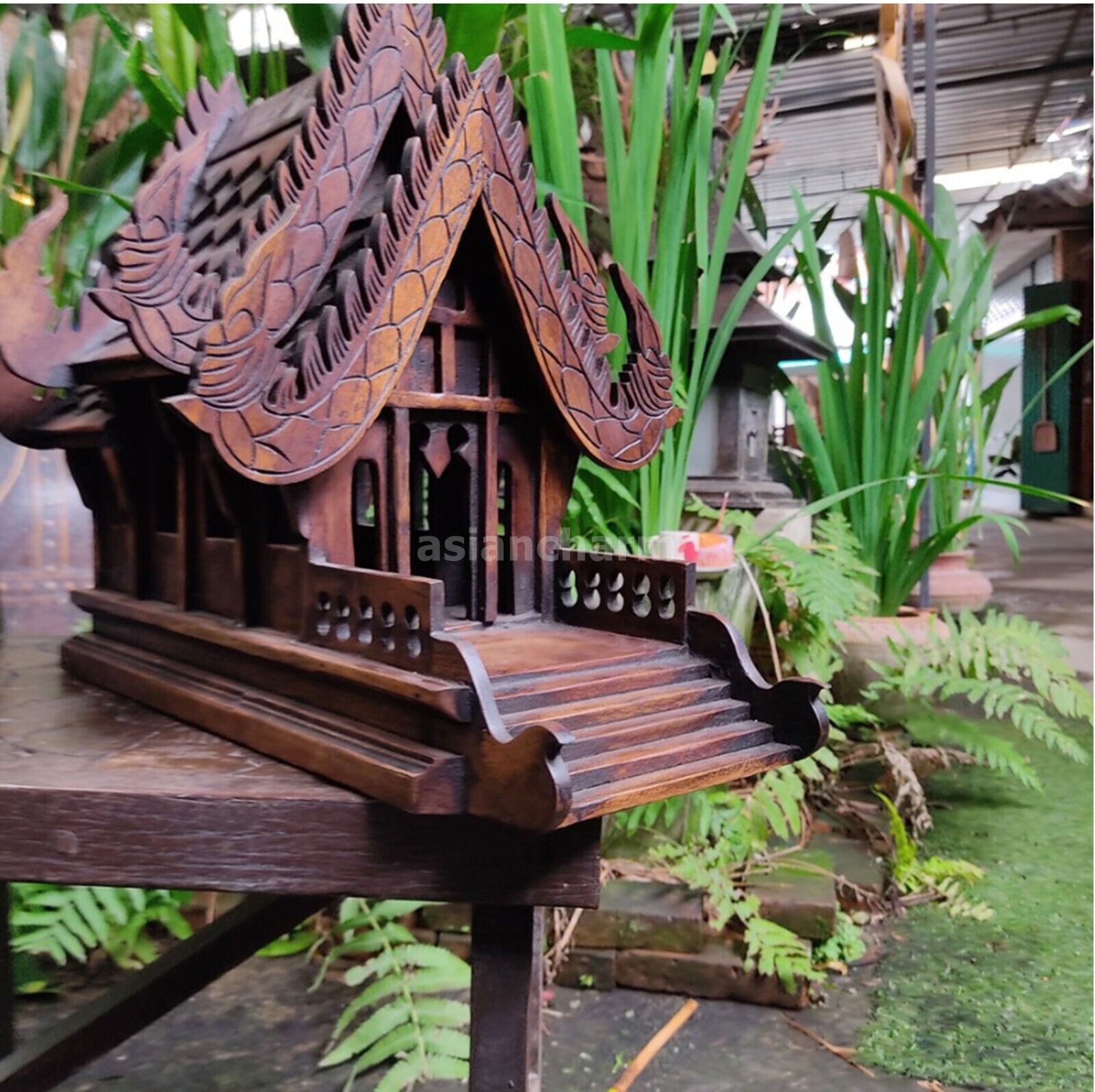 Thai Spirit House Wood Handicrafts Home Decor Worship Amulet San Phra Phum