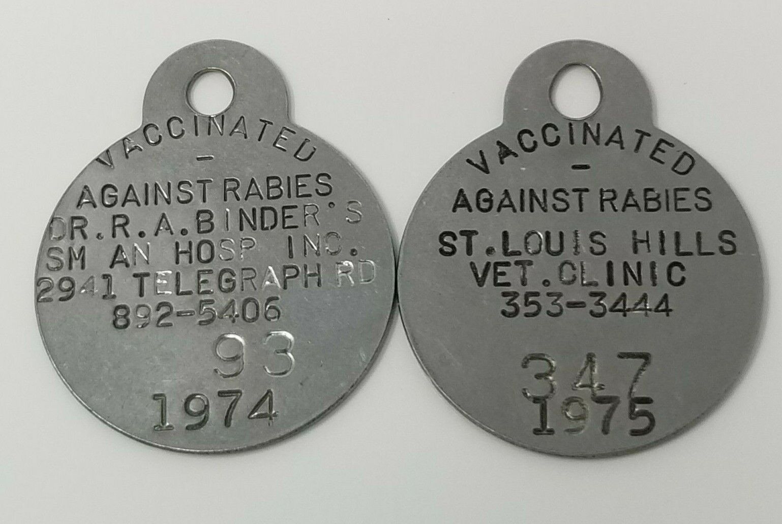 Rabies Dog Tags St. Louis Vaccinated Against Vintage Set of 2 1974 and 1975