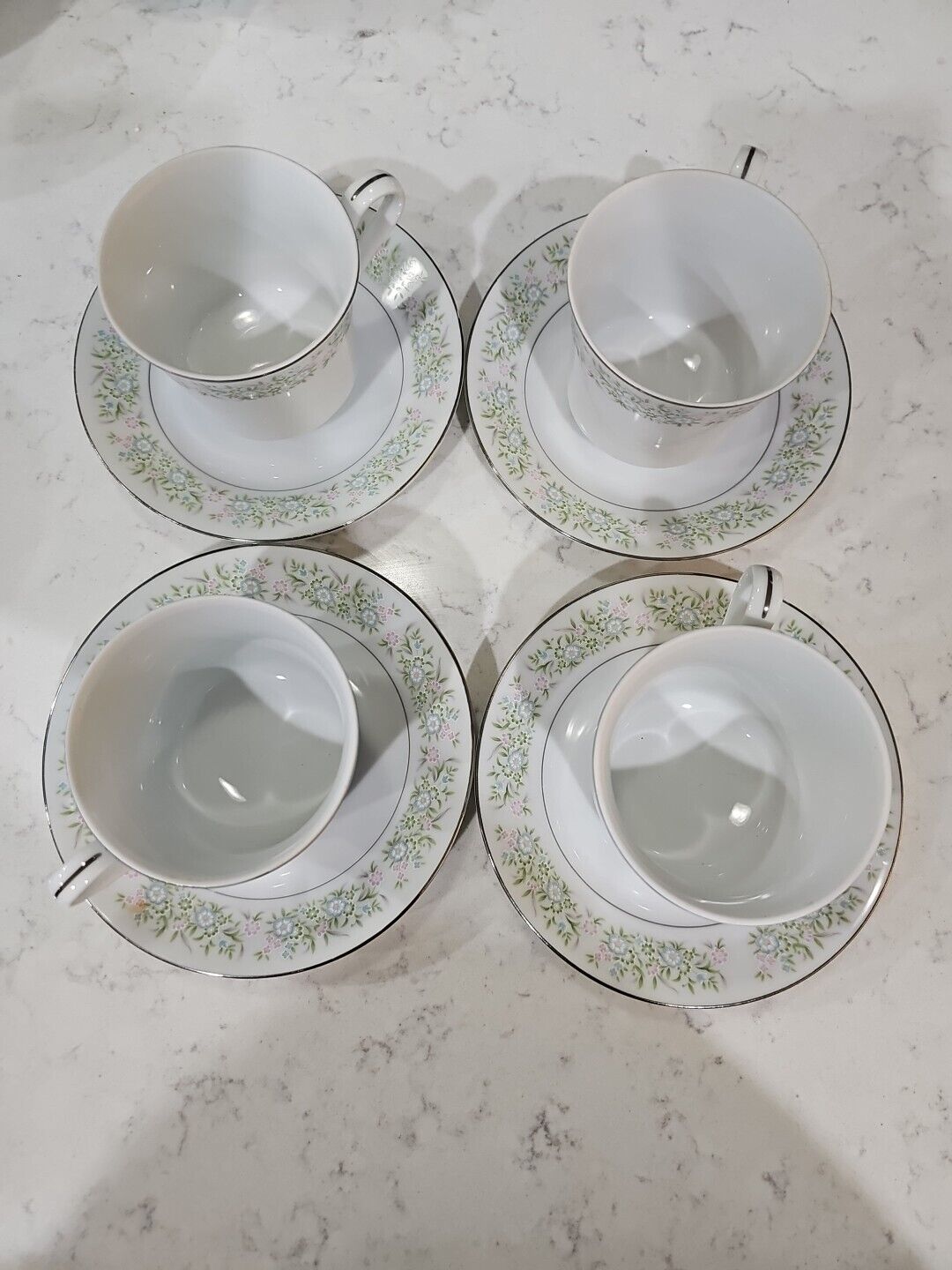 Taihei Springtime China Lot Of 4 Coffee Cups With Saucers set Floral Silver Rim 
