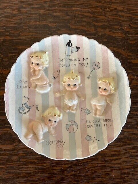VINTAGE LEFTON MID CENTURY PINK & BLUE BABY PLATE DIAPER COLLECTIBLE