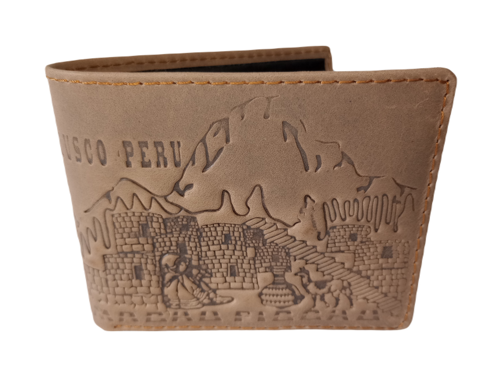 Handmade embossed leather wallet from Peru | Cusco Machu Picchu theme | Beige
