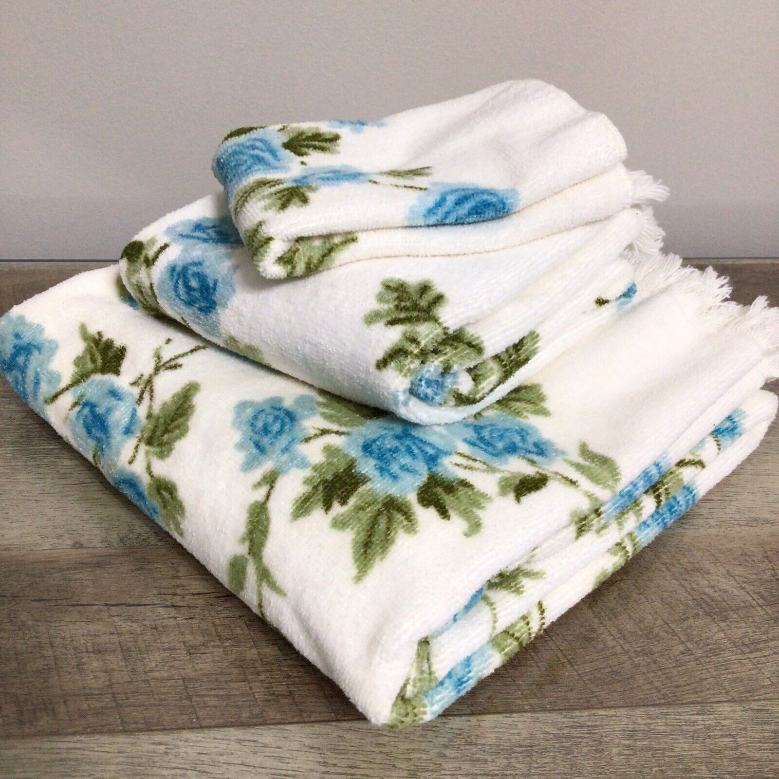 Vintage Martex Terry-down Cotton 3pc Set Floral Bath Towel Hand Towel Washcloth