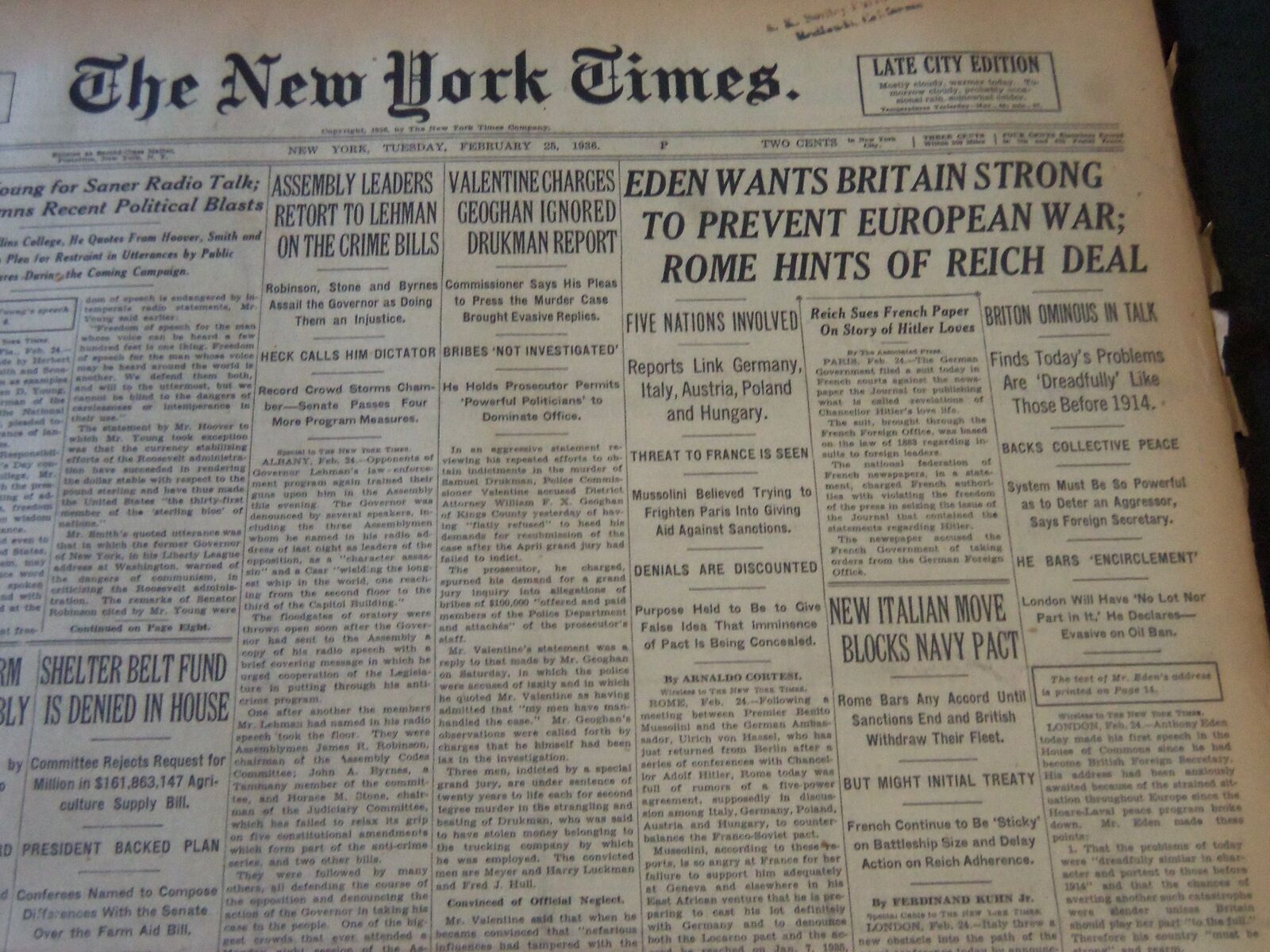 1936 FEB 25 NEW YORK TIMES - EDEN'S WANTS BRITAIN STRONG TO PREVENT WAR- NT 6701