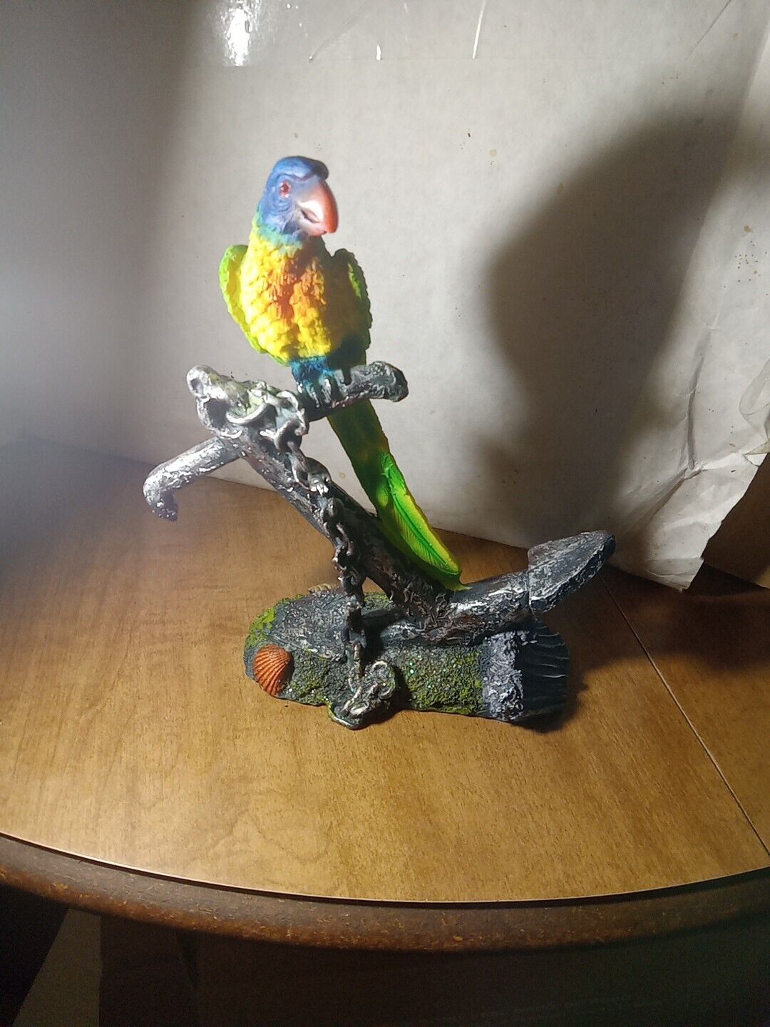 Parrot Figurine On Anchor Resin Multi Color 7 3/4” Tall