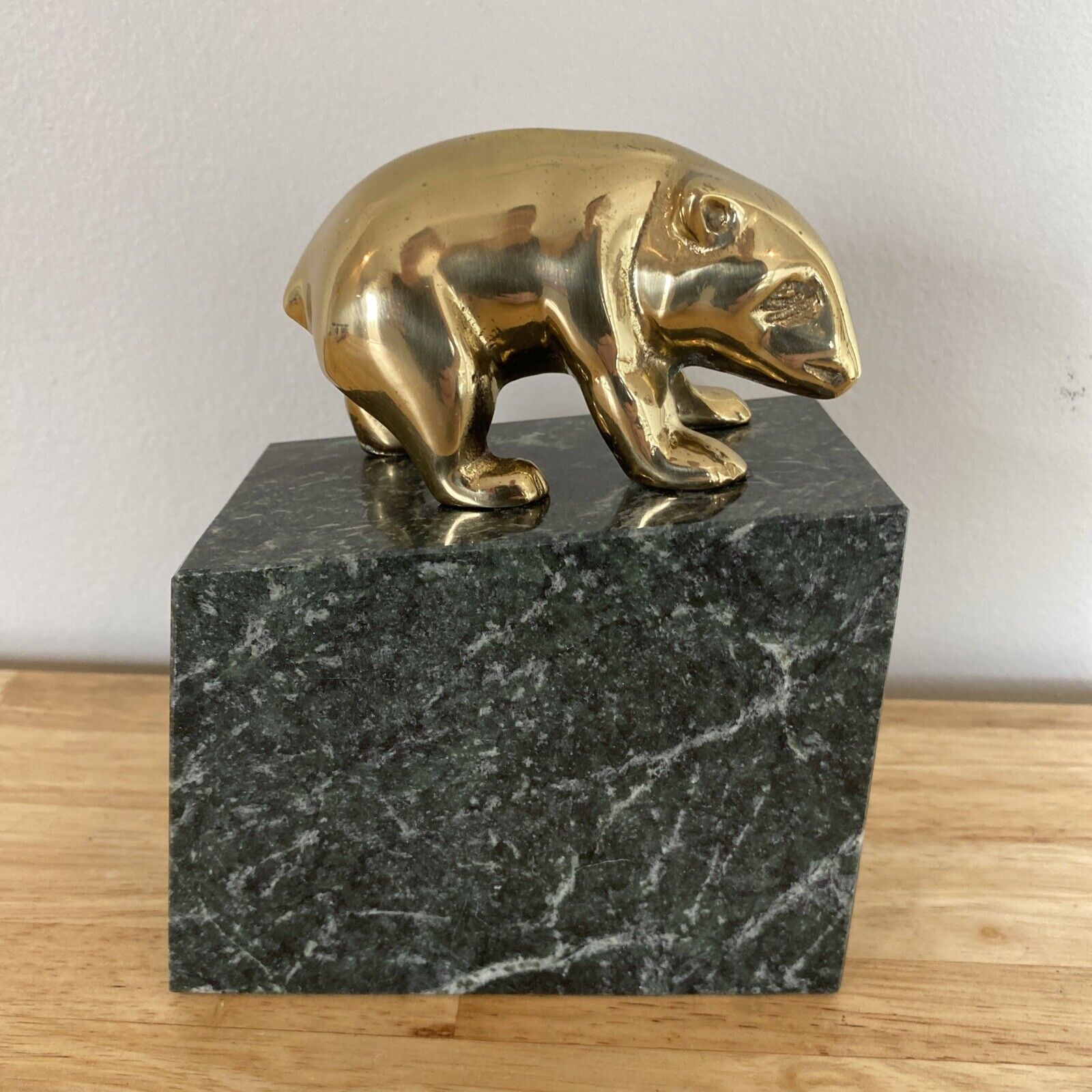 Paper Weight Brass Bear on Granite Marble Bookend 6 1/2\