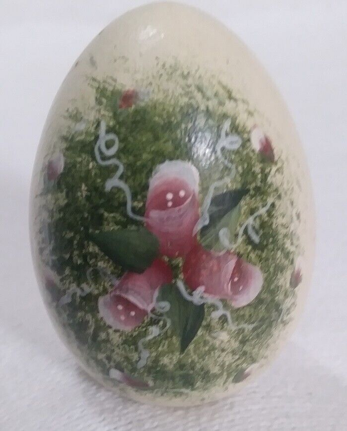 Mauve Floral Easter Wooden Hand Painted Egg Signed 1994 Vintage LRG? LHG?