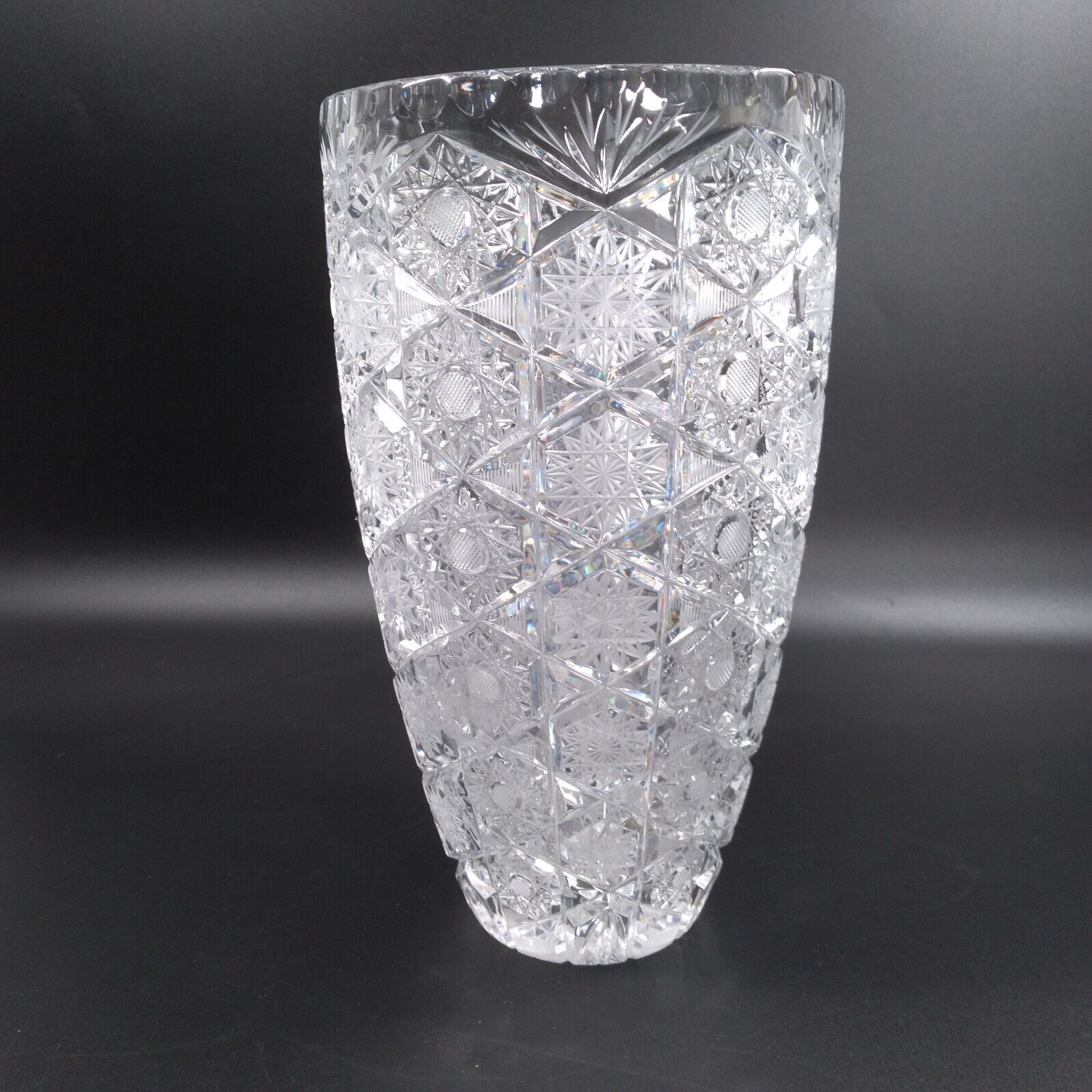 Czech Crystal Vase Cut & Etched Stars in Diamond Pattern Curved into Notched Top