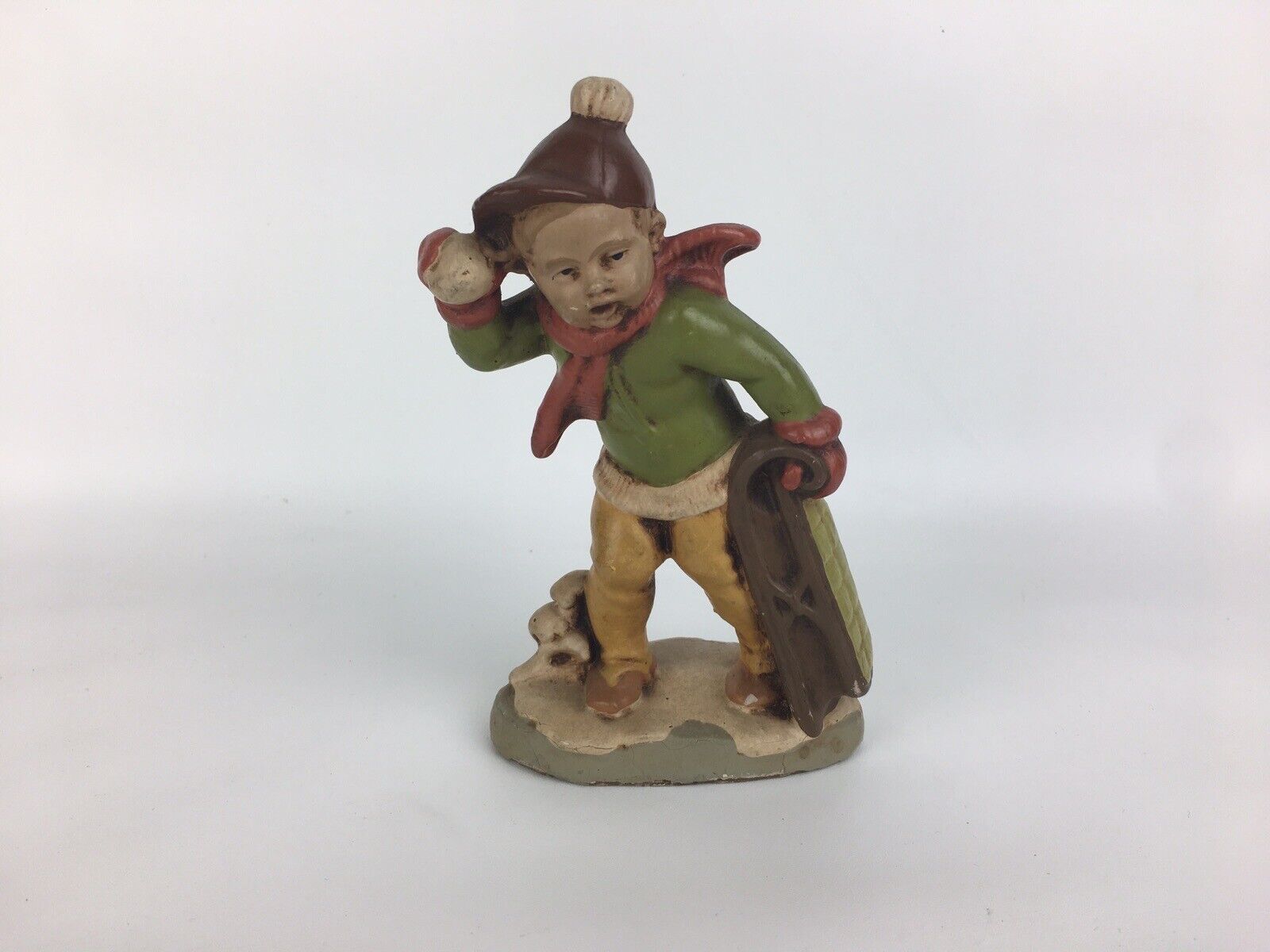 Boy With Sled Friedel Germany Paper Mache Figurine Vintage 4.5” Tall 