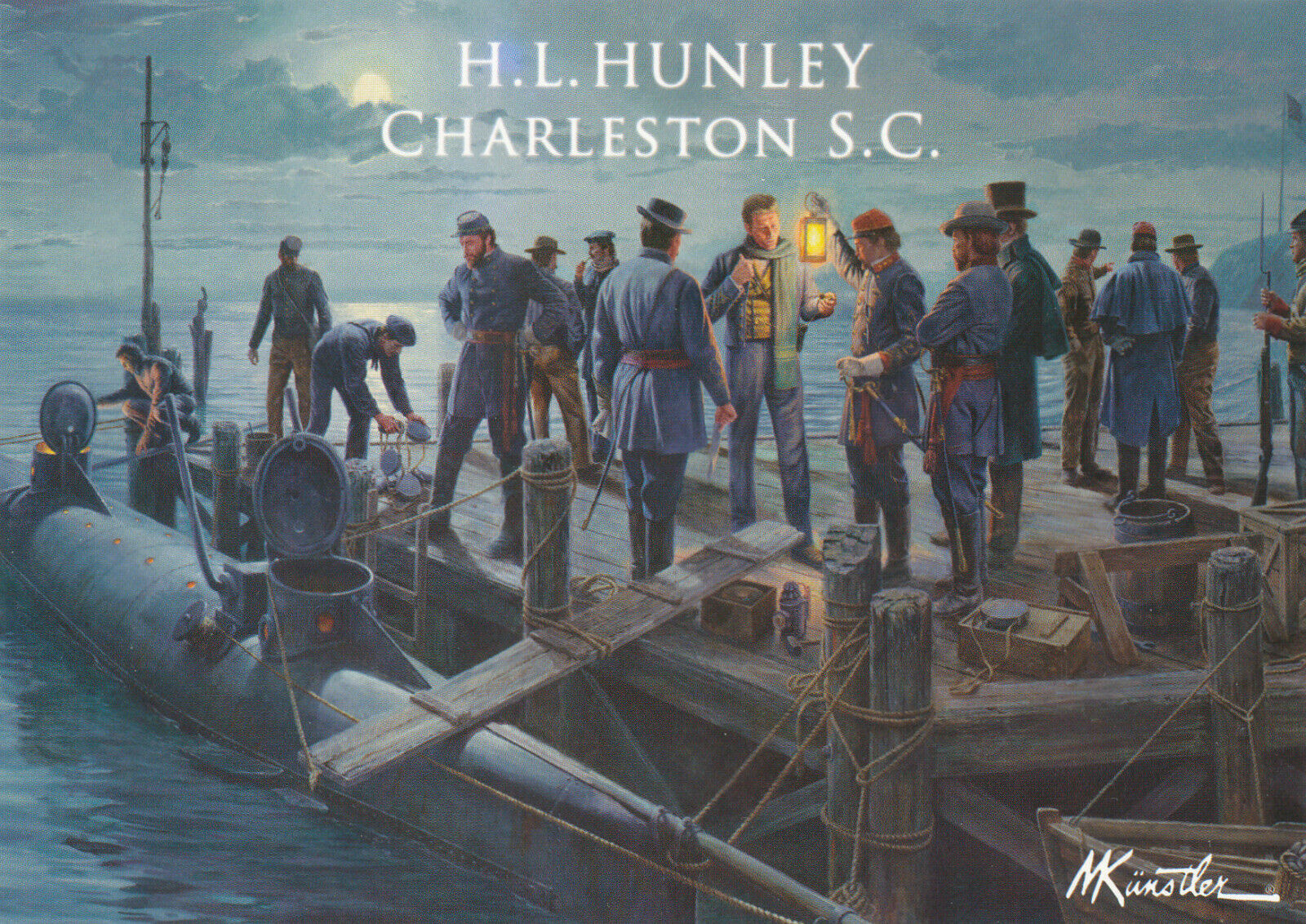 H.L. Hunley Postcard of enactment fatal submarine disaster in 1864.Charleston SC