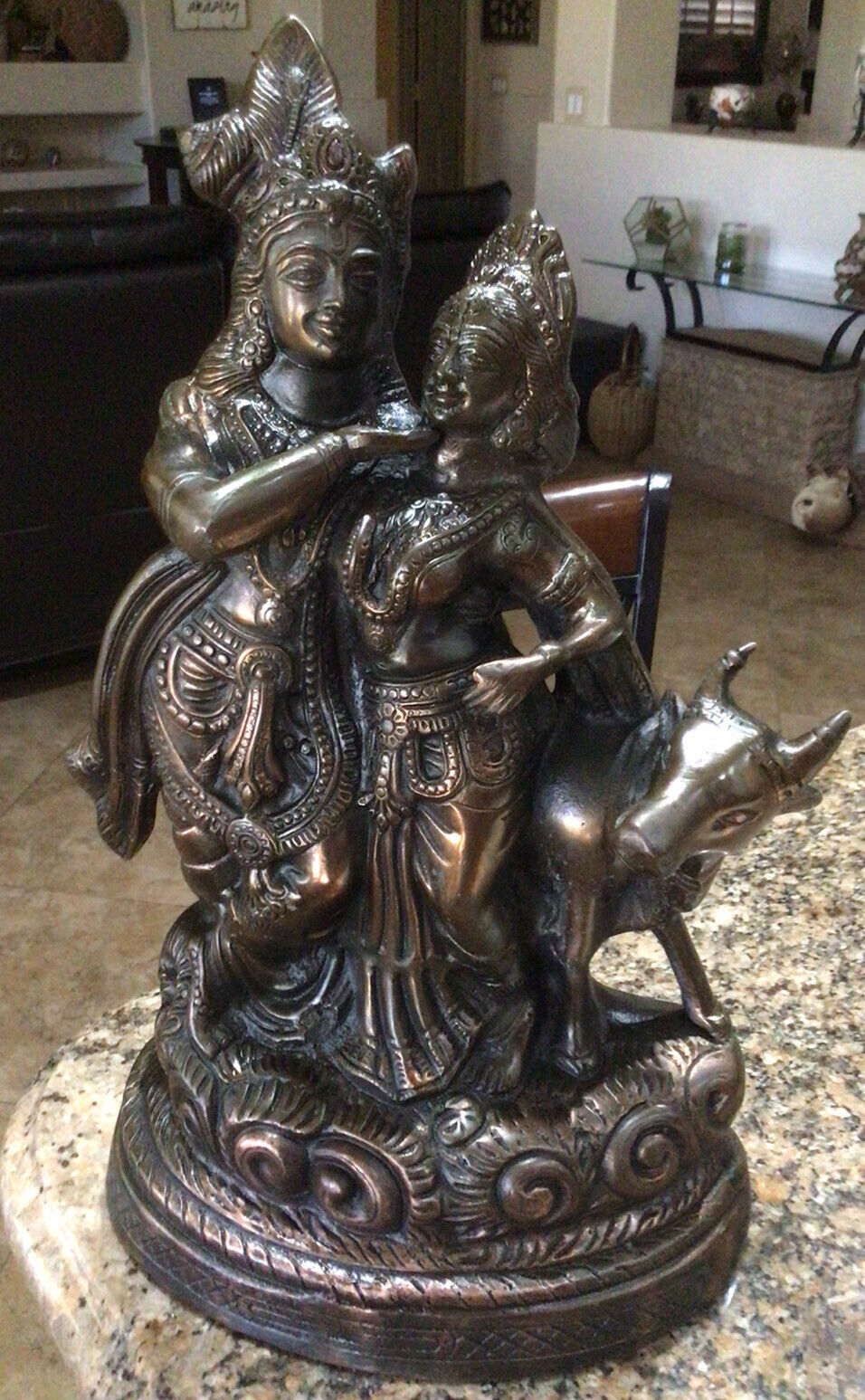 Vintage Hindu God Radha and Krishna with Nandi Bull 18” brass copper statue