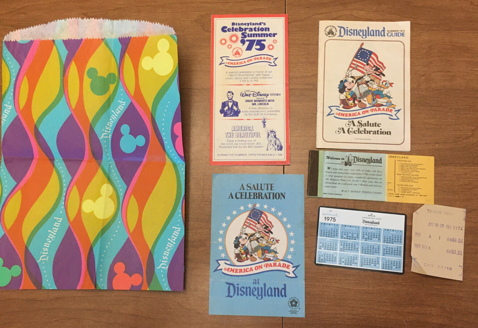 1975 Disneyland bag, 1975 Summer Guide, parade Info and Spent ticket Book