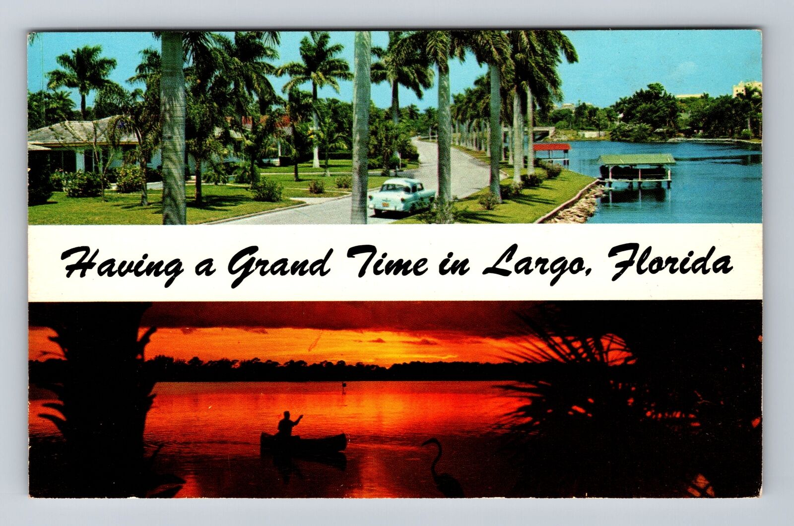Largo FL-Florida, Scenic Banner Greetings, Sunset & Canal, Vintage Postcard