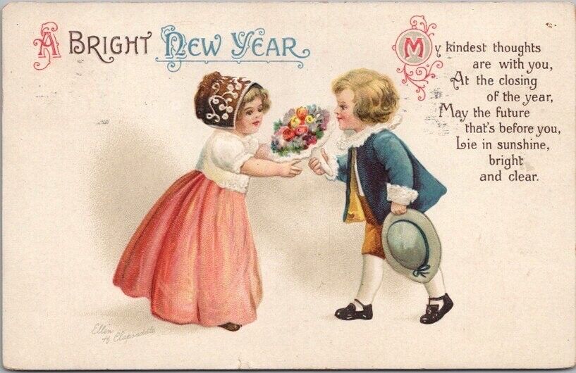 Artist-Signed CLAPSADDLE Happy New Year Postcard Boy Girl / Flowers 1915 Cancel