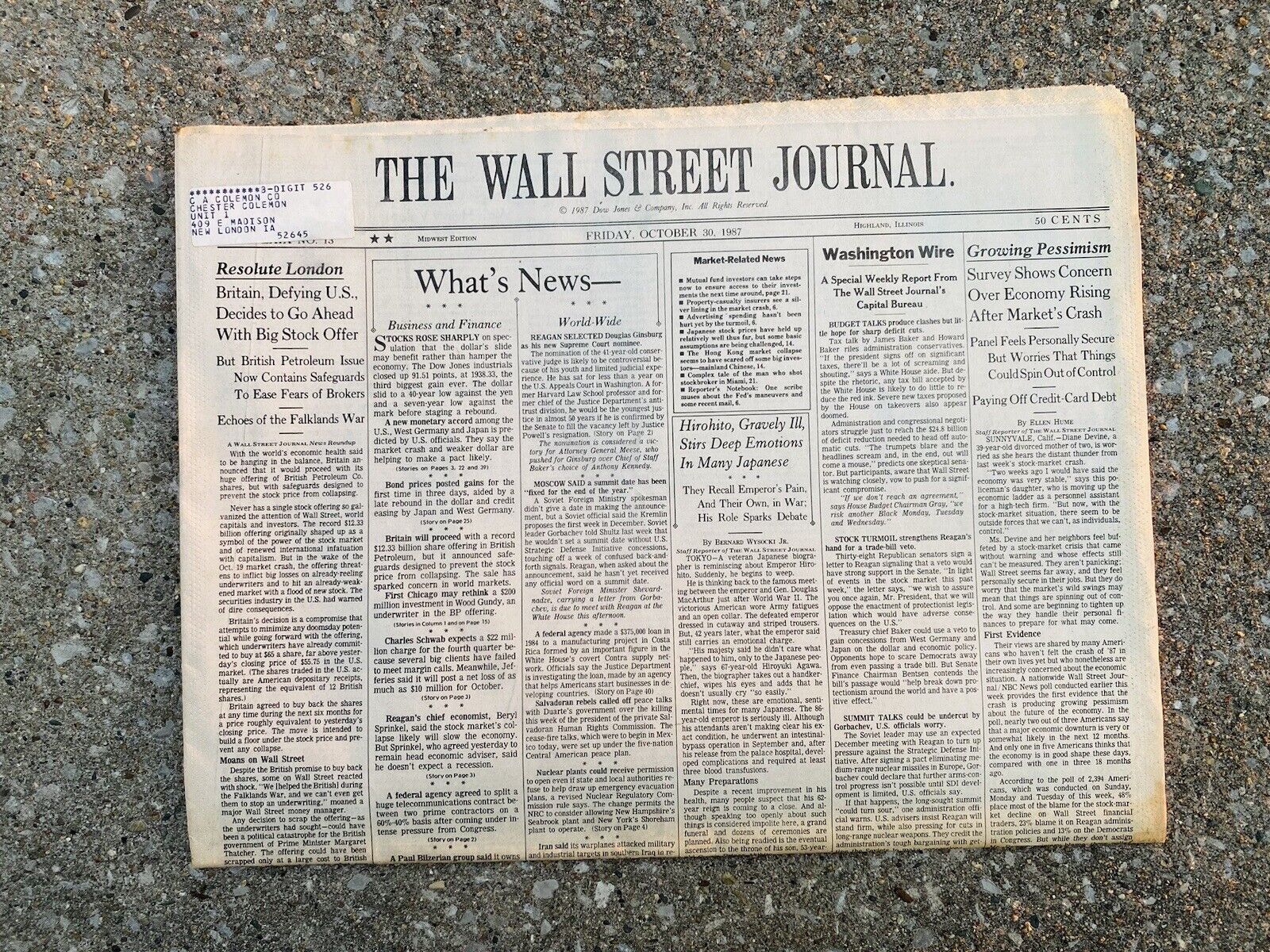 Wall Street Journal Newspaper Black Monday Stock Market Crash, October 30 1987