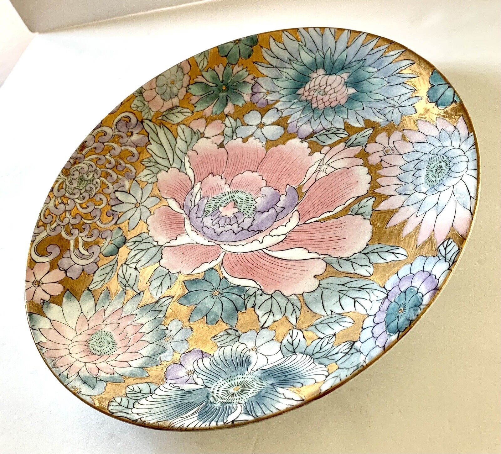 Vintage HFP Macau Toyo Golden Peony Art Plate Garden Flowers Pink Blue Purple