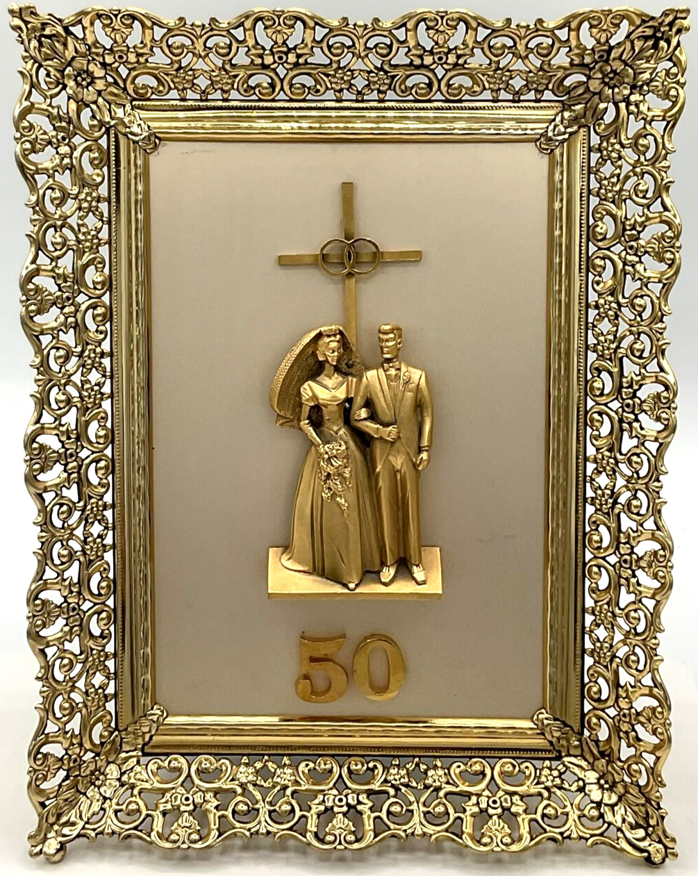 Creed Framed 50th Wedding Anniversary 3-D Gold Tone Metal Christian Cross