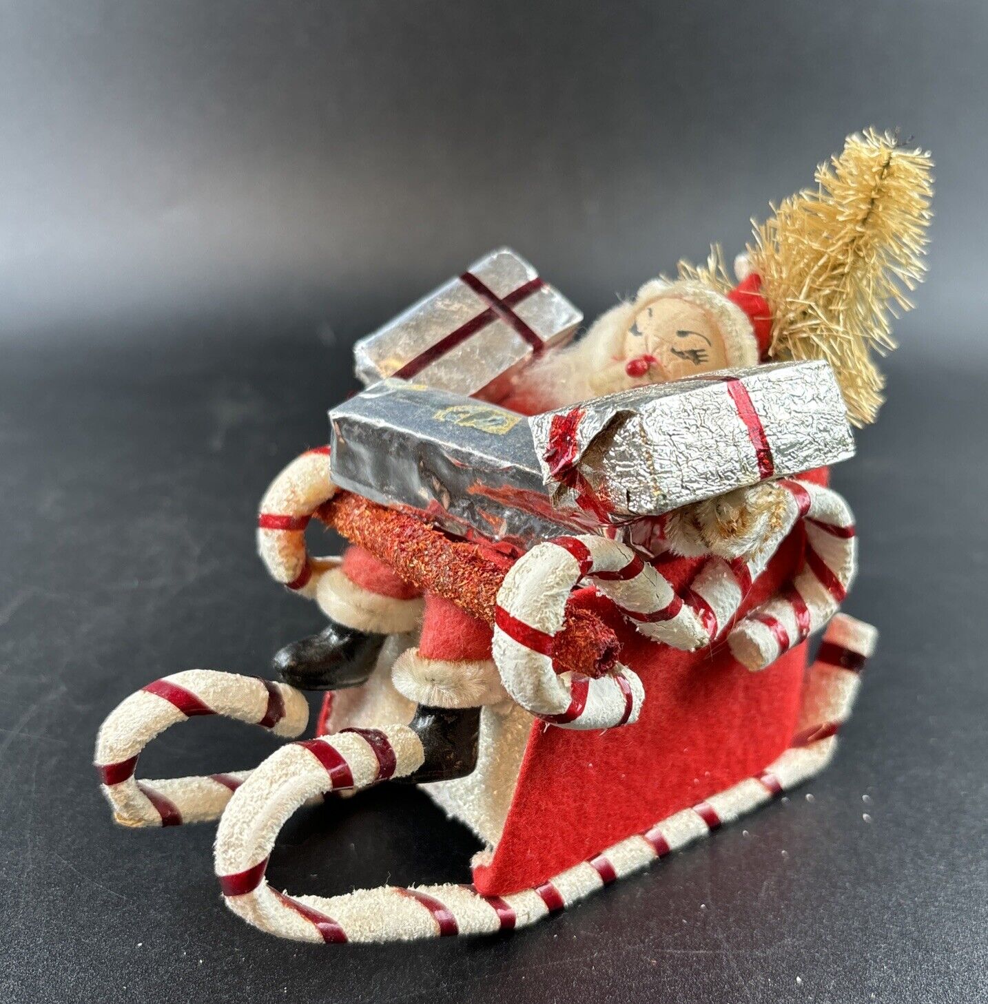 Vintage Christmas Santa in Mica Cardboard Candy Cane Sleigh Felt Chenille NAPCO