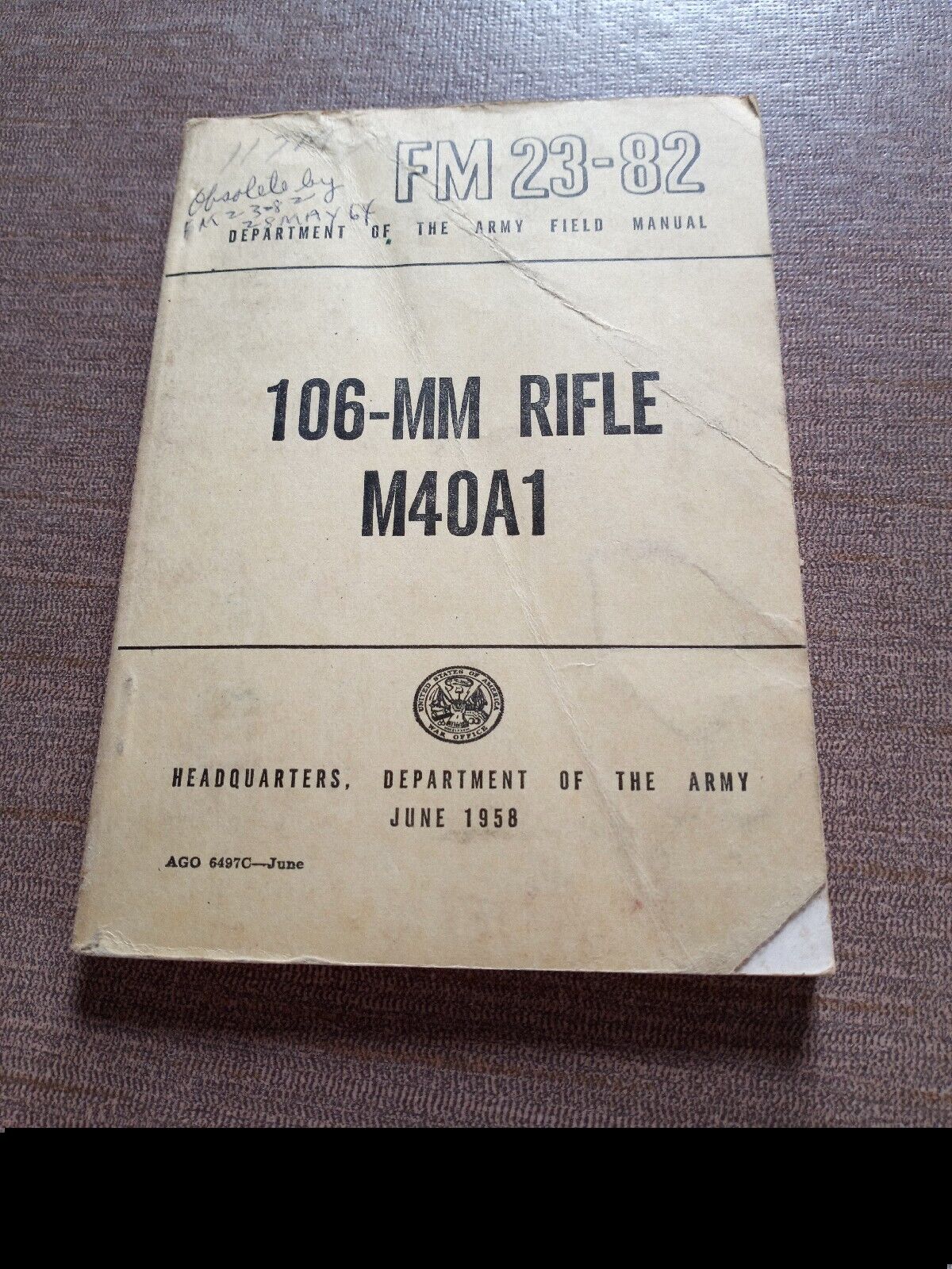 Army Manual~106-MM Rifle M40A1 ~FM 23-82 (1958)