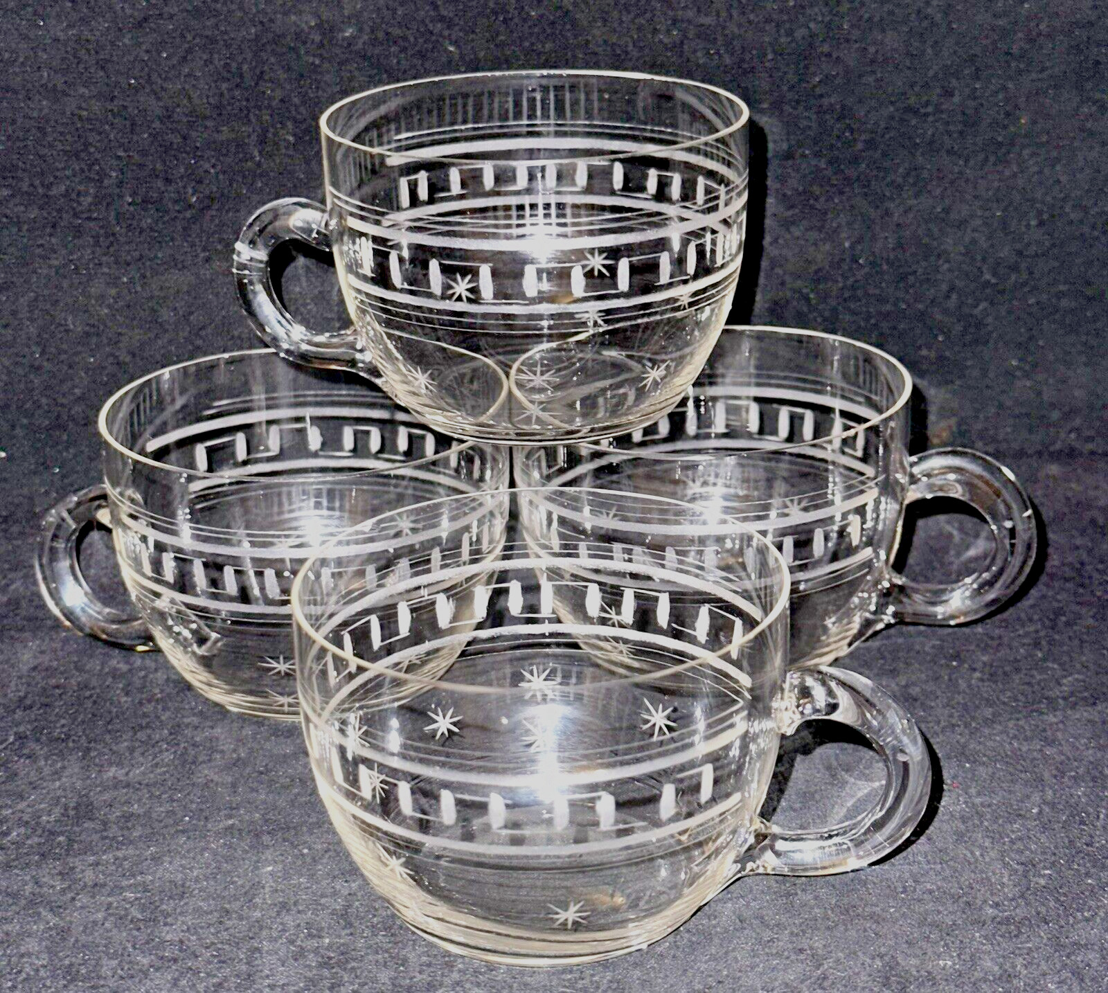 Set of 4 Antique Boston & Sandwich Glass Etched Roman Key & Stars Punch Cups