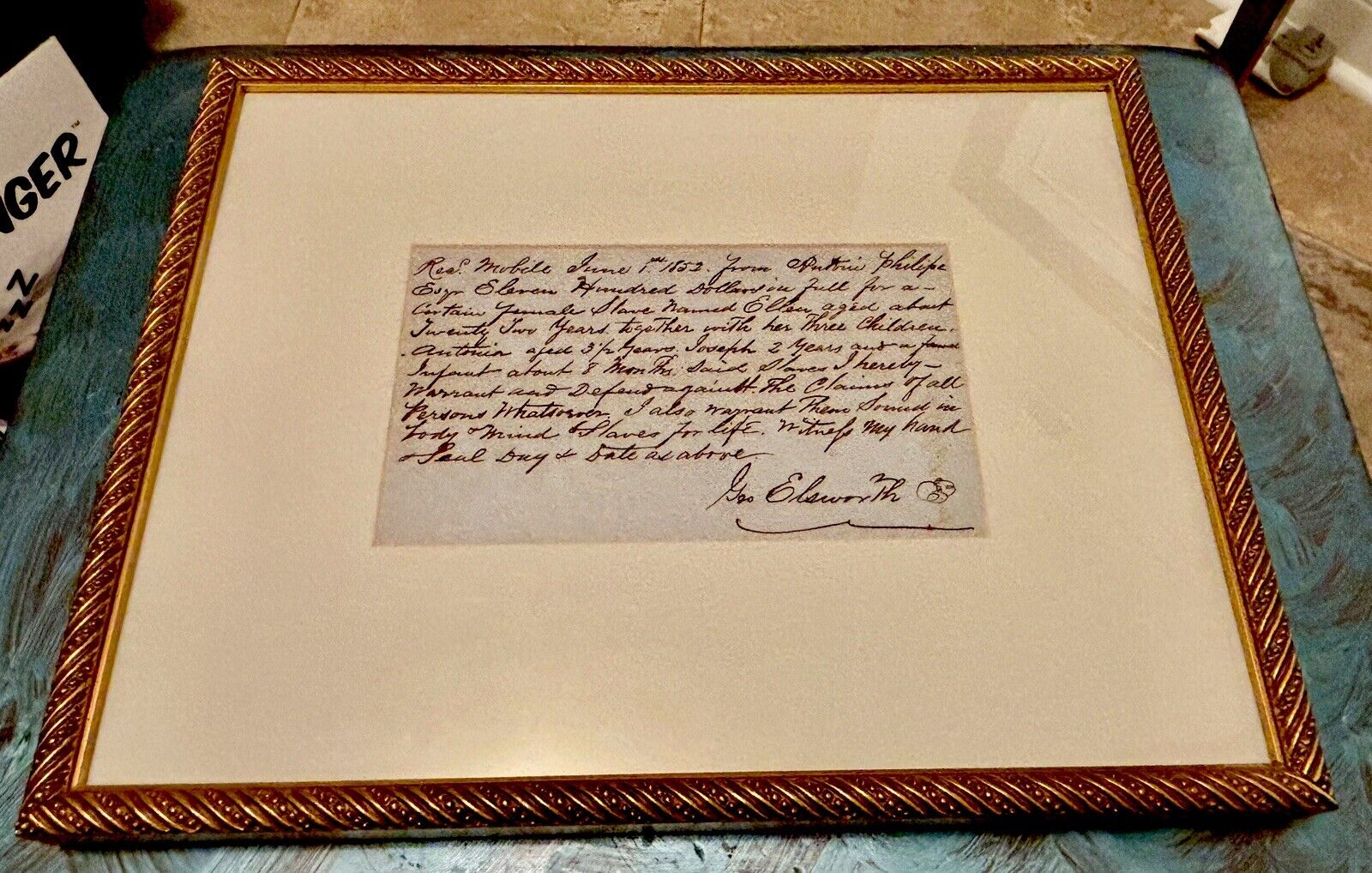 1852 SLAVE SALE RECEIPT , Rare One Of A Kind Find  Framed Double Sided .