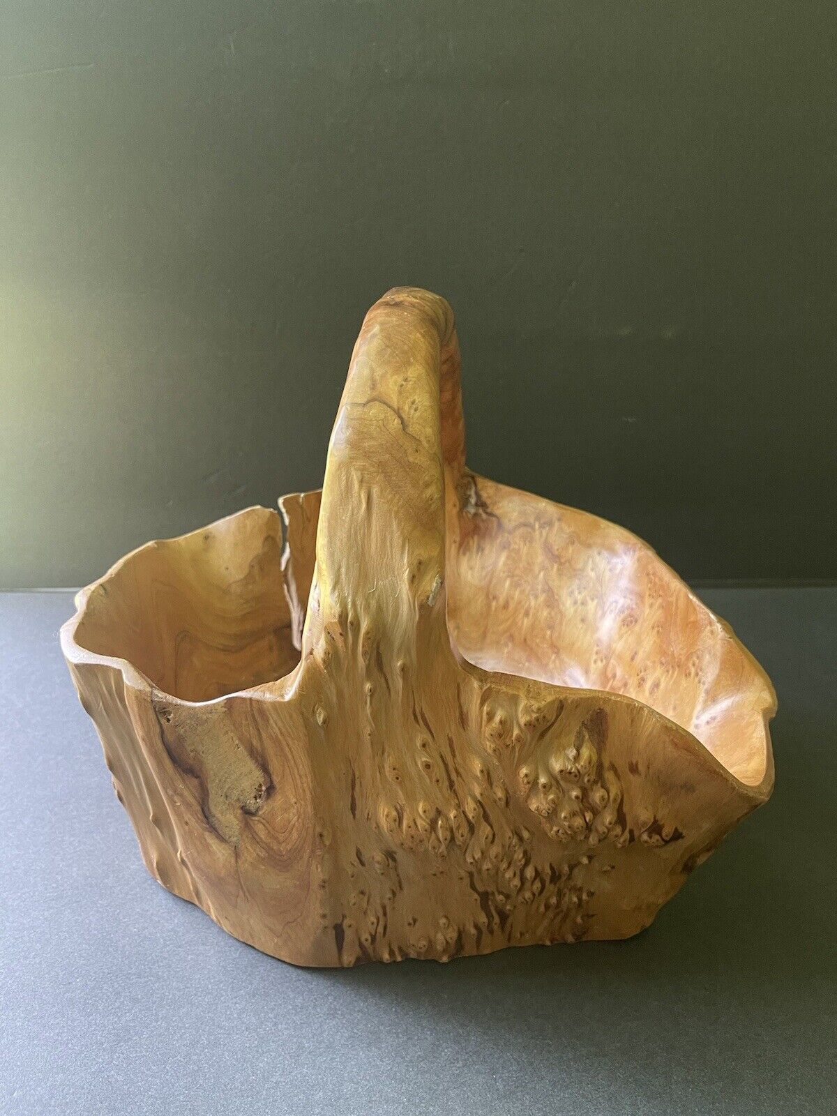 Vintage Hand Carved Bowl Basket Knobby Burl Wood Rustic Natural Wood Grain
