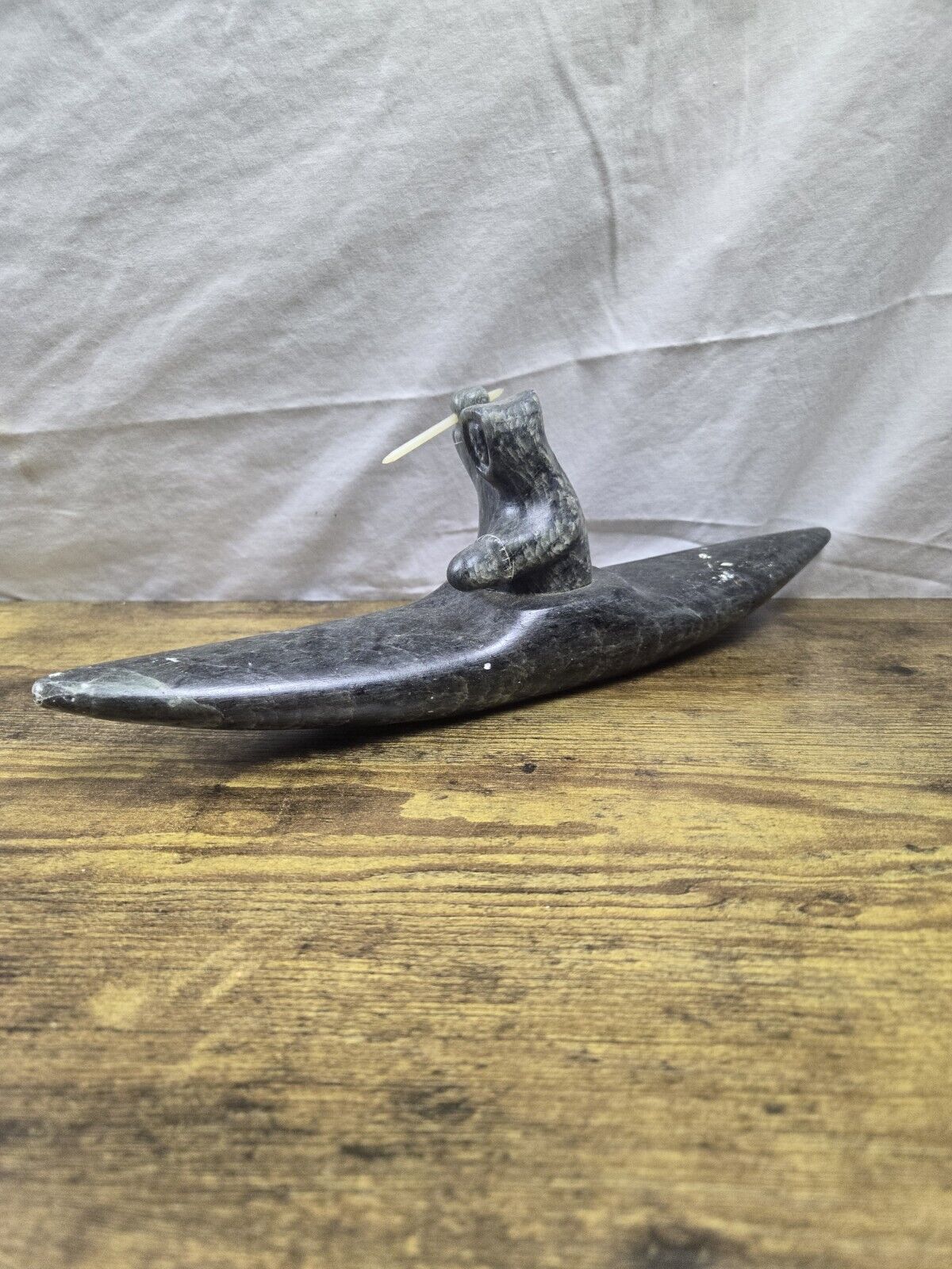 Rare Inuit Soapstone Carving Seal Hunter Kayak Beautiful