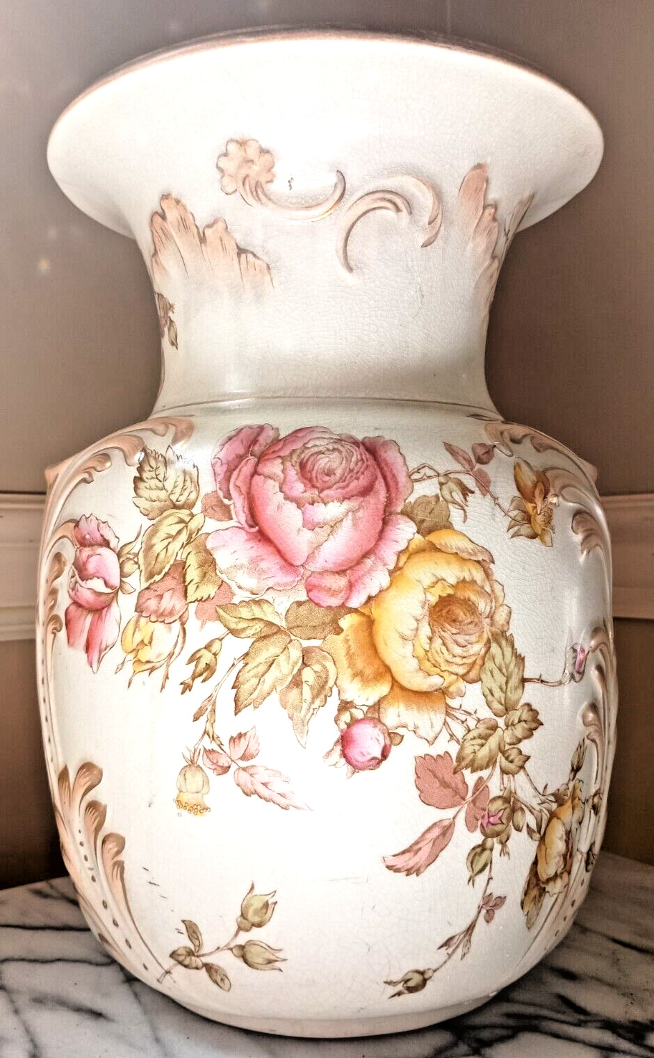 STUNNING XL Hand-painted Antique Vase w/Roses. raised relief & Gilt Gold details
