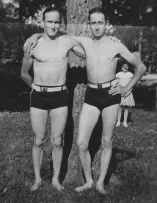 5P Photograph 3x4 Handsome Men Bathing Suits Portrait Embrace 1930's Belts Sexy 